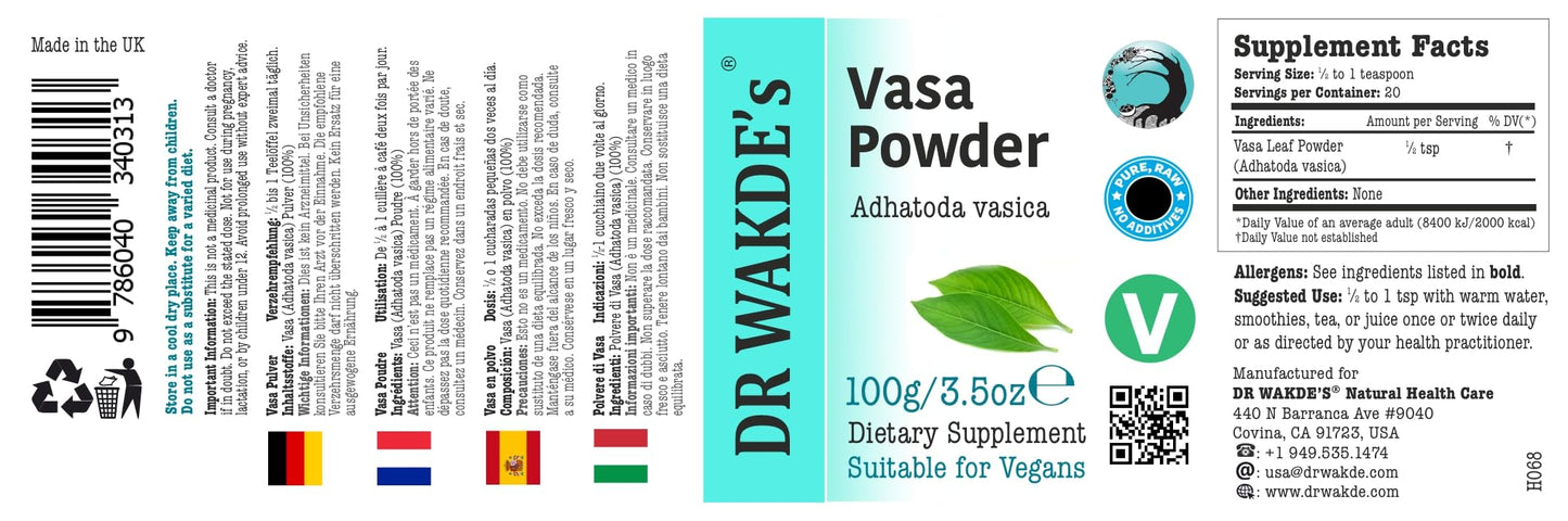 DR WAKDE's Vasa Powder (Adhatoda vasica), Powder, 3.53 oz