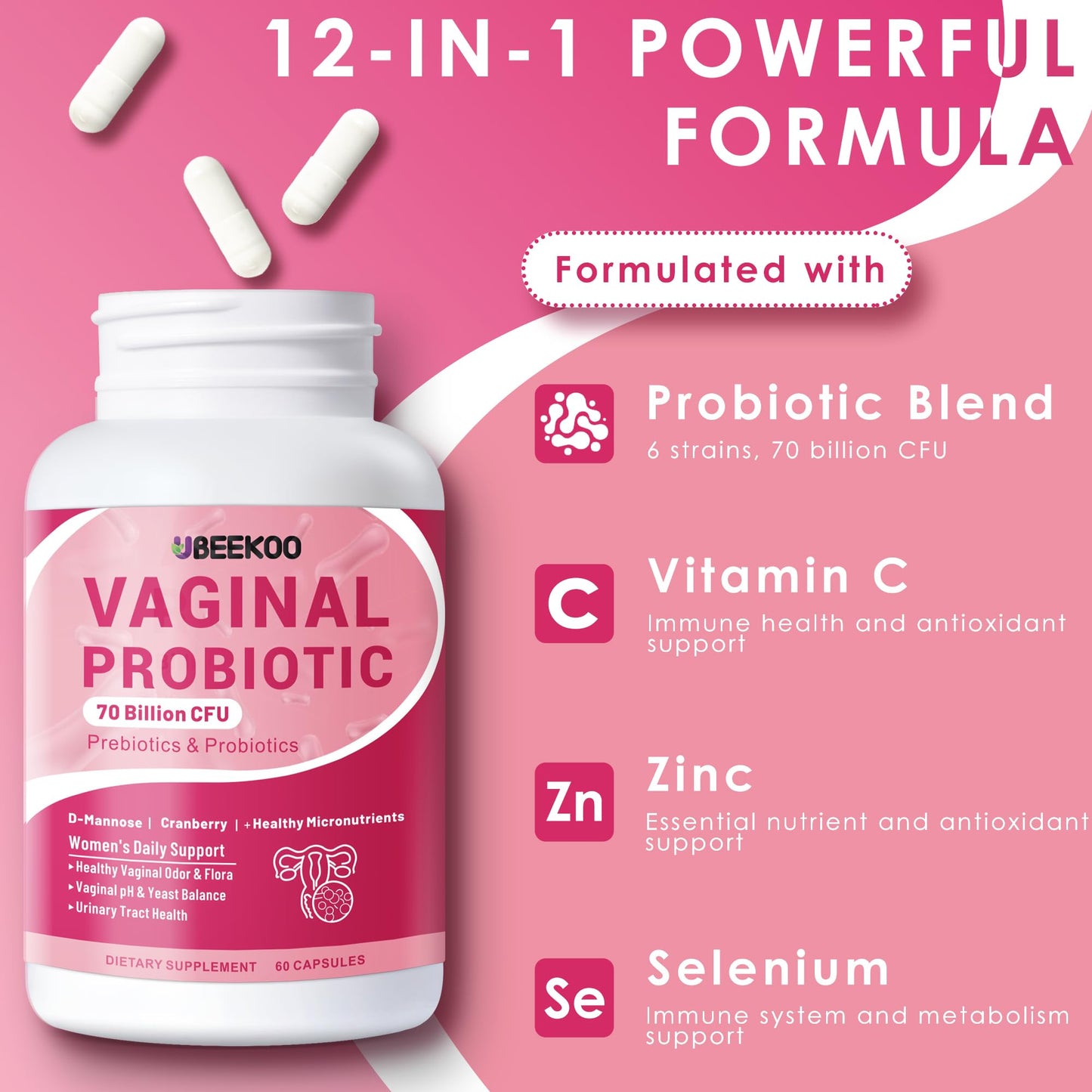 UBEEKOO Vaginal Probiotics for Women 70 Billion CFU with Prebiotics, Organic Cranberry & D-Mannose for Vaginal Odor & Flora, pH Balance & Urinary Tract Support, 60 Capsules