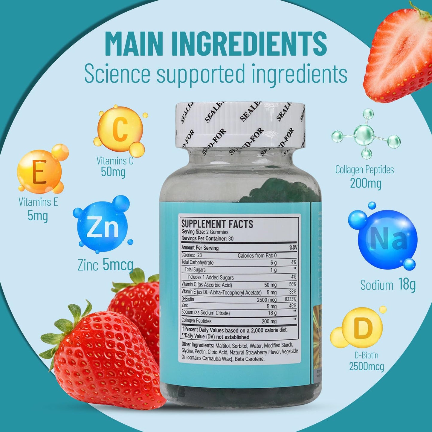 Wins Town Hair Skin Nails Vitamins Gummies with Collagen, Vitamin C, Sodium, 60 Gummies