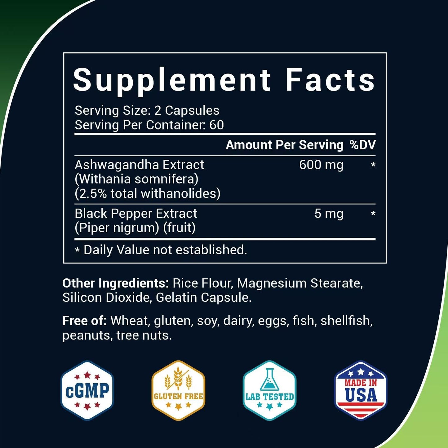 Luckycare Ashwagandha 600mg Extra Strength Root Extract with Black Pepper Capsule, 1 Count