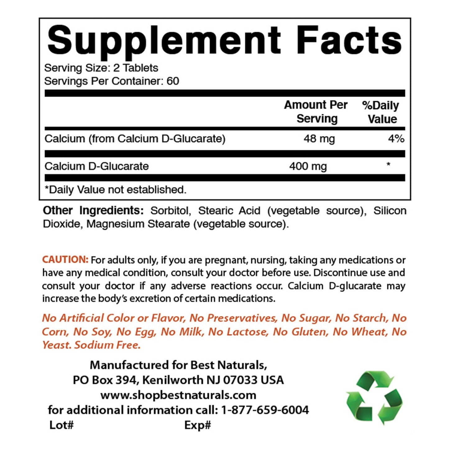 Best Naturals Calcium D-Glucarate 200 mg Tablets 240 Count