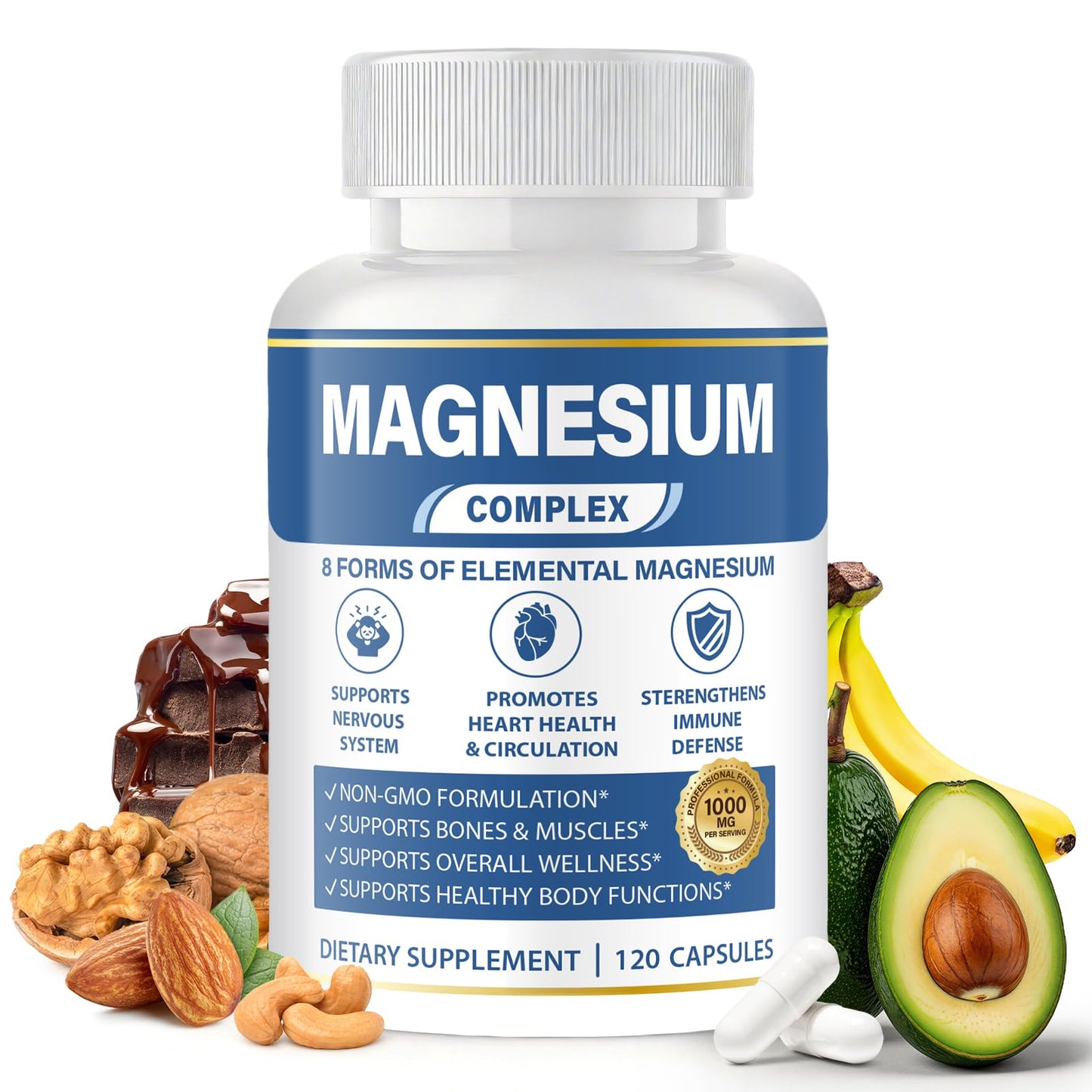 BOSNETHUINH Magnesium Complex 1000mg 8 in 1 for Women & Men – Magnesium Glycinate, Citrate, Malate, Taurate, Oxide, Carbonate, Aspartate, Orotate – Vegan Non-GMO, for Sleep, Fatigue & Heart Health, 120 Capsules