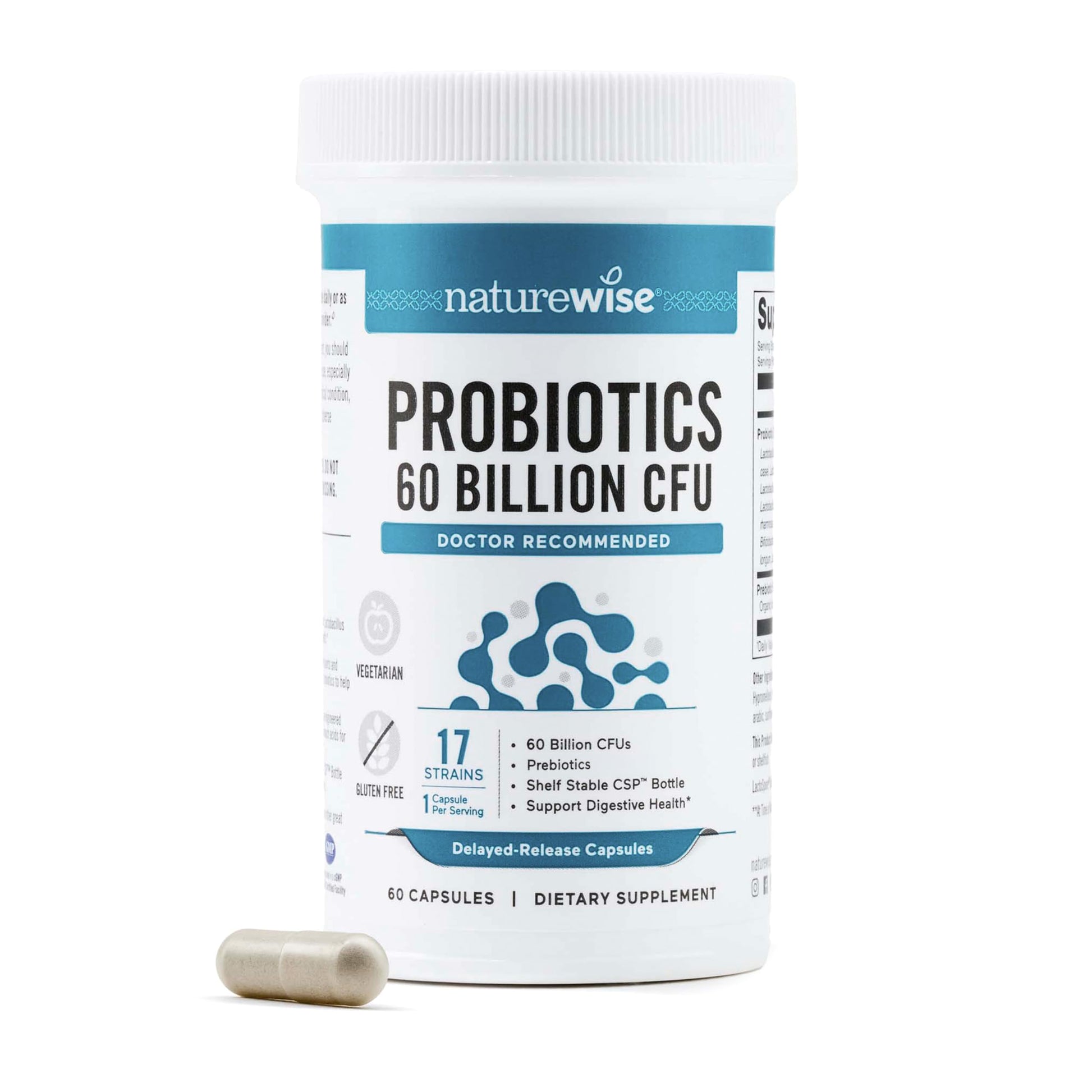NatureWise Probiotics 60 Billion CFU - 17 Strains + Organic Prebiotics - Immune, Digestive & Gut Health Support for Women & Men - Vegetarian, Gluten-Free, Non-GMO - 60 Capsules