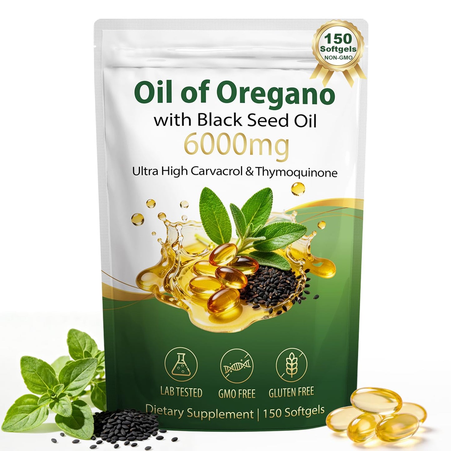 Gomerton Oil of Oregano with Black Seed Oil Softgels 6000mg 150 Count
