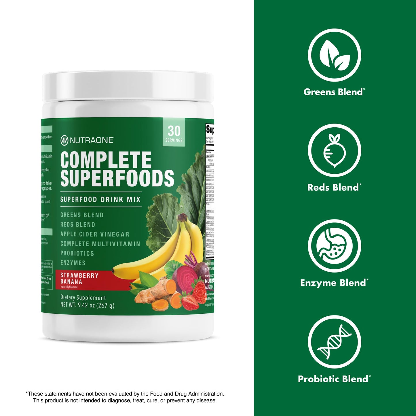 NutraOne Complete Superfoods, Greens & Reds Blend, Apple Cider Vinegar, Digestive Enzyme Blend, Probiotic Blend, Multivitamin, Powder, 9.42 oz