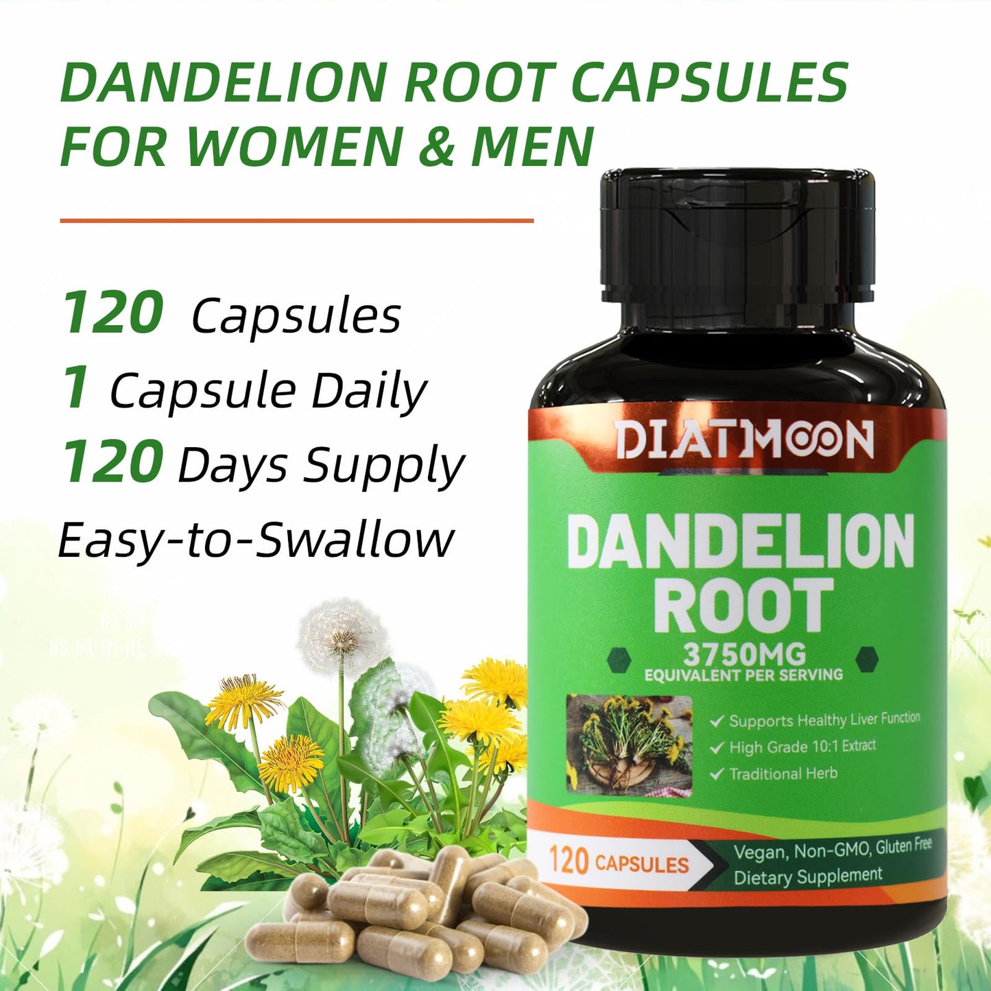 DIATMOON Dandelion Root Supplement 3750mg Capsules 120 Count