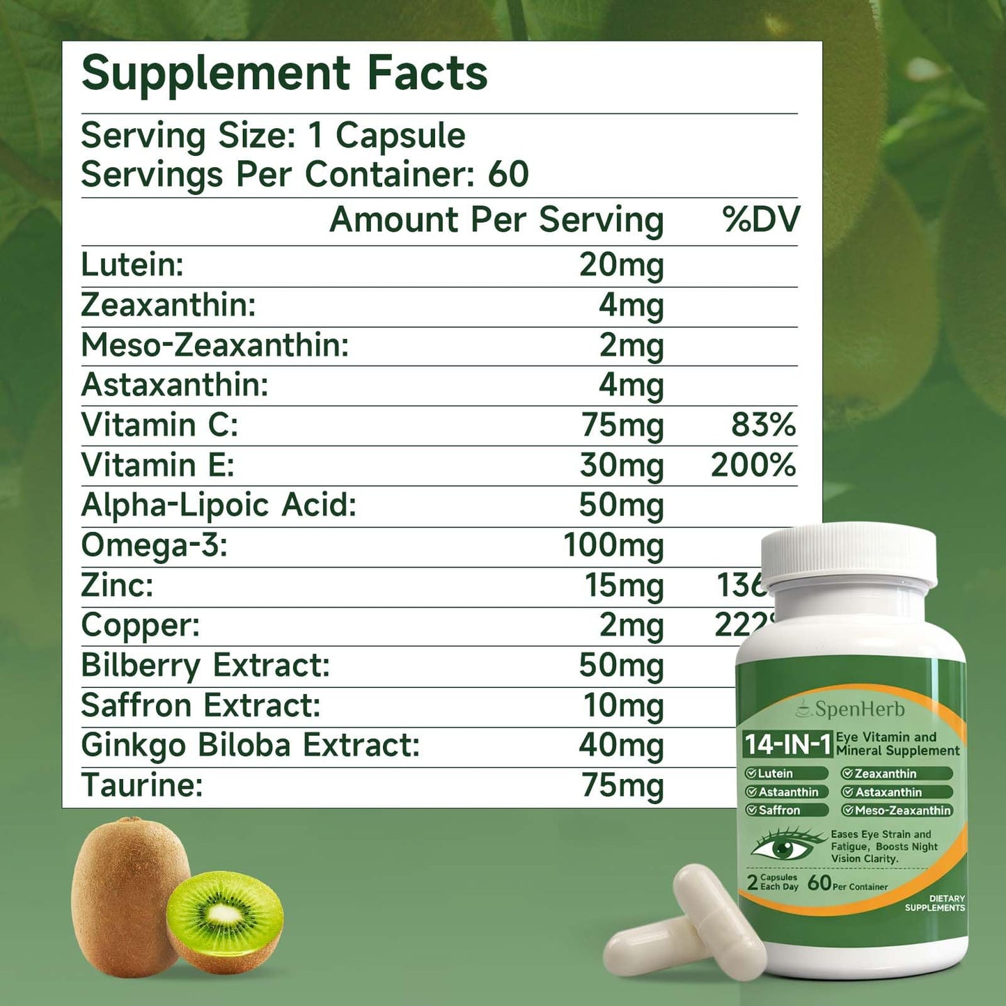 SpenHerb Eye Vitamin and Mineral Supplement 14 in 1 Advanced Eye Formula Vision Support with Lutein and Zeaxanthin Vitamin C E Zinc Copper, Eye Health Supplements for Adults, Capsules, 60 Count