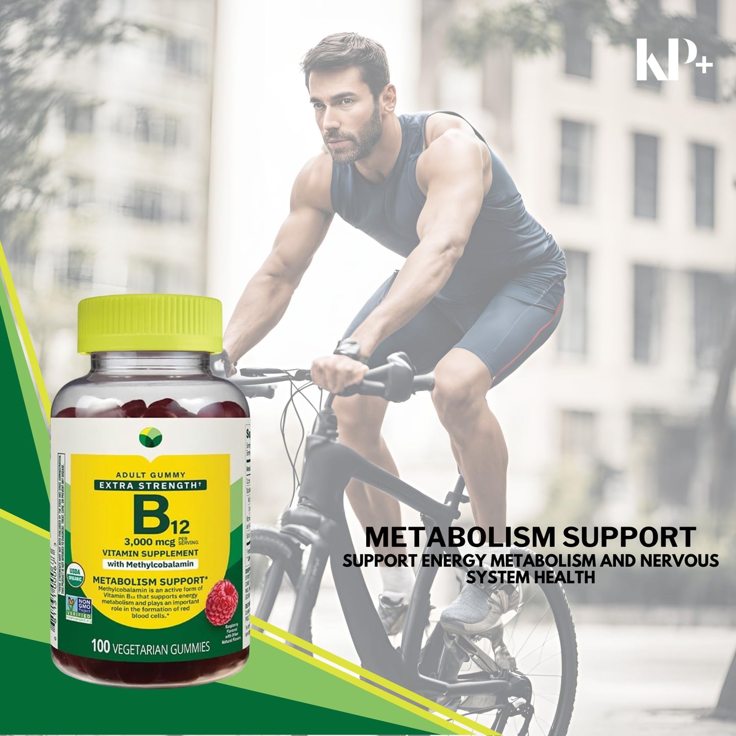 KP+ Vitamin B12 Gummies, 3,000 mcg Extra Strength, Raspberry Flavor, Metabolism Support, 100 Gummies