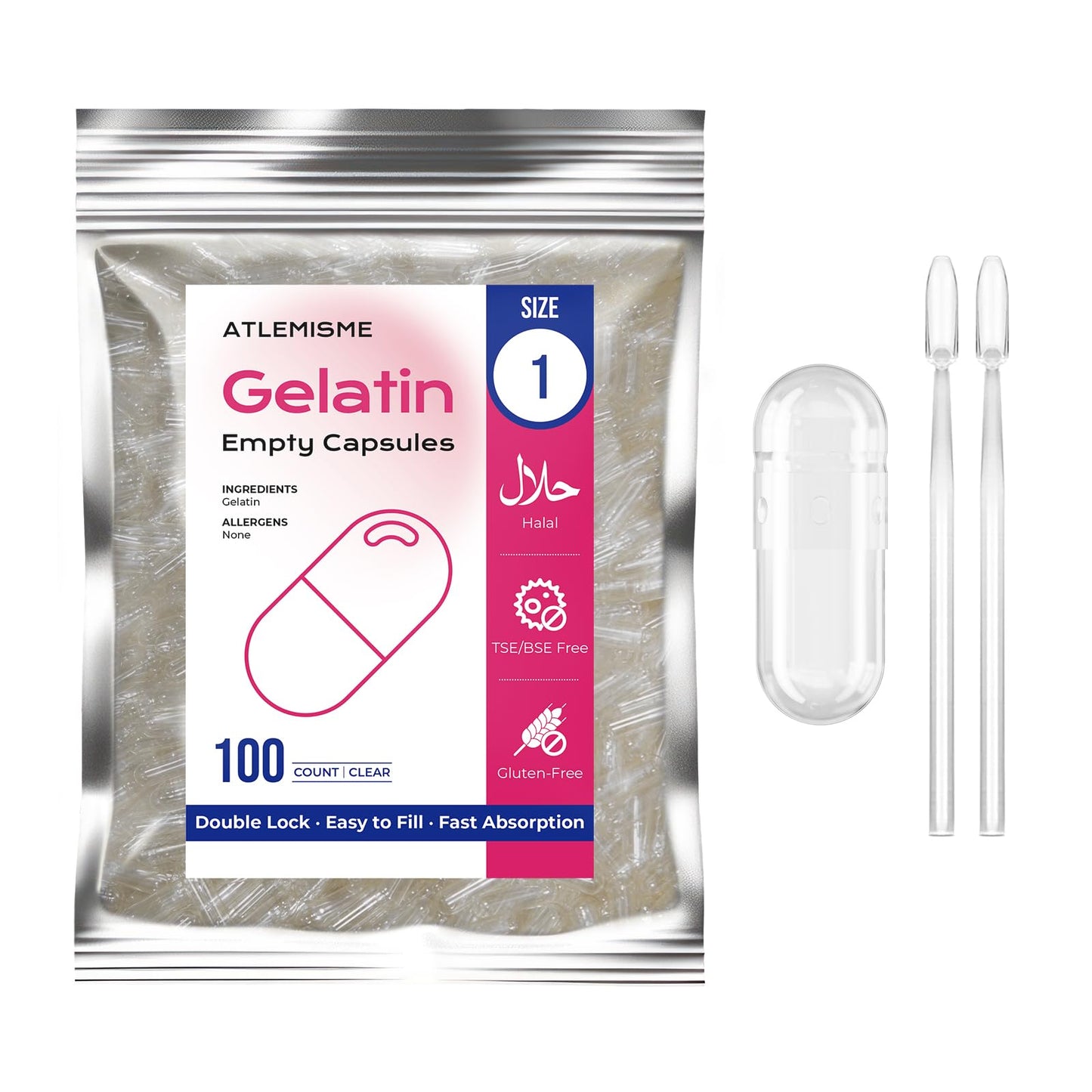 ATLEMISME Empty Gelatin Capsules Size 1 Capsules 100 Count