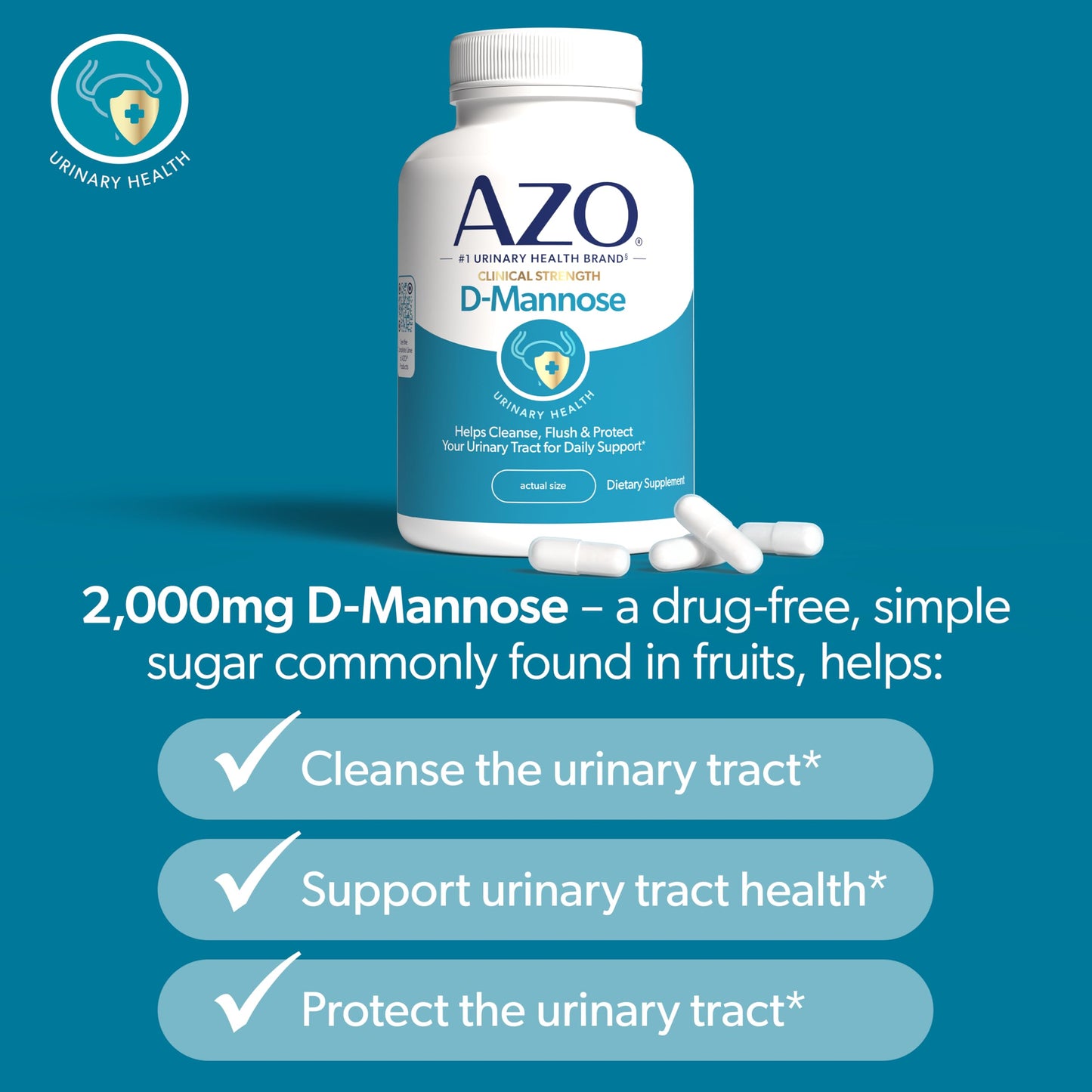 AZO D-Mannose Supplement for Women & Men, Clinical Strength, Capsule, 120 Capsules