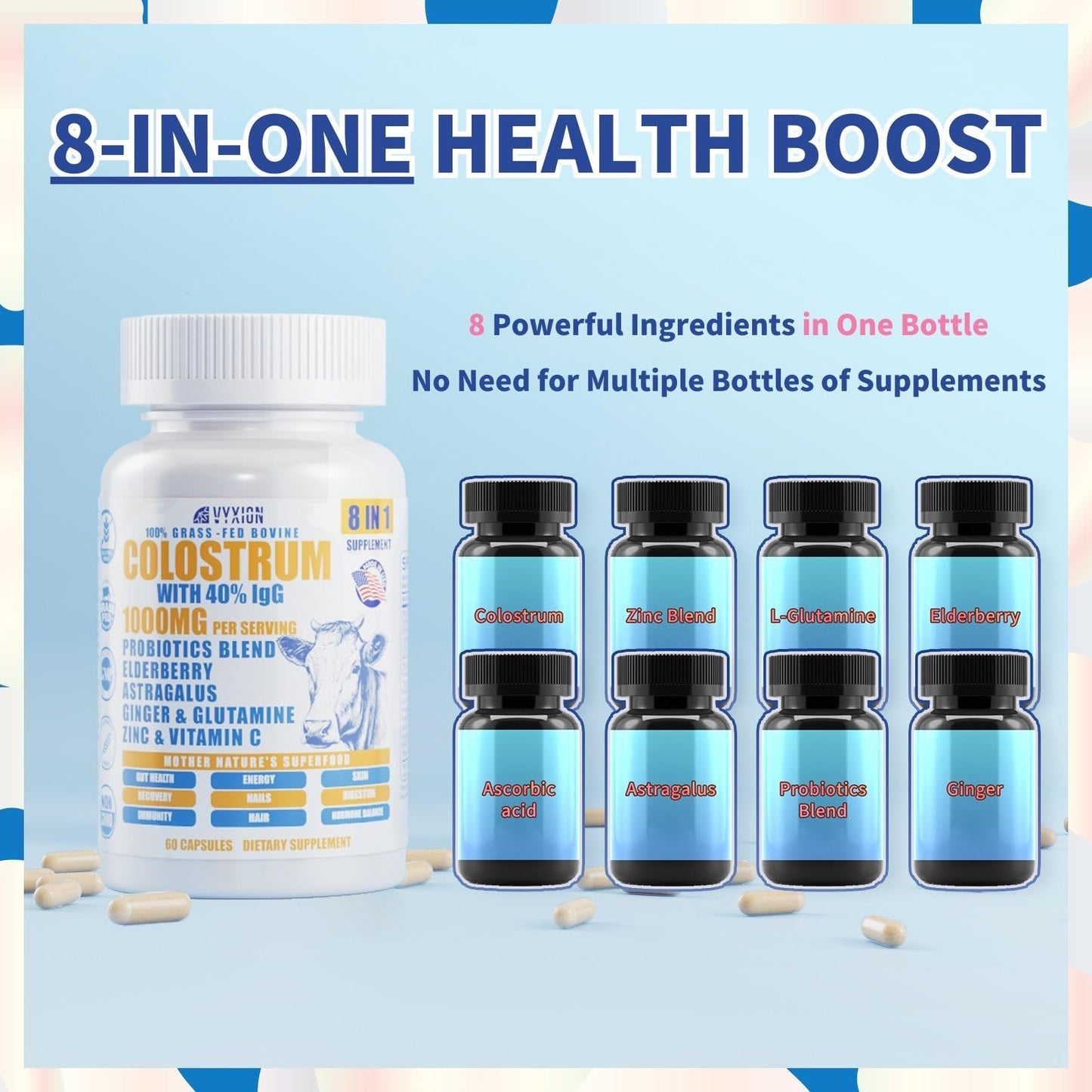 Vyxion 8-in-1 Bovine Colostrum Capsules, 1000mg, 60 Count