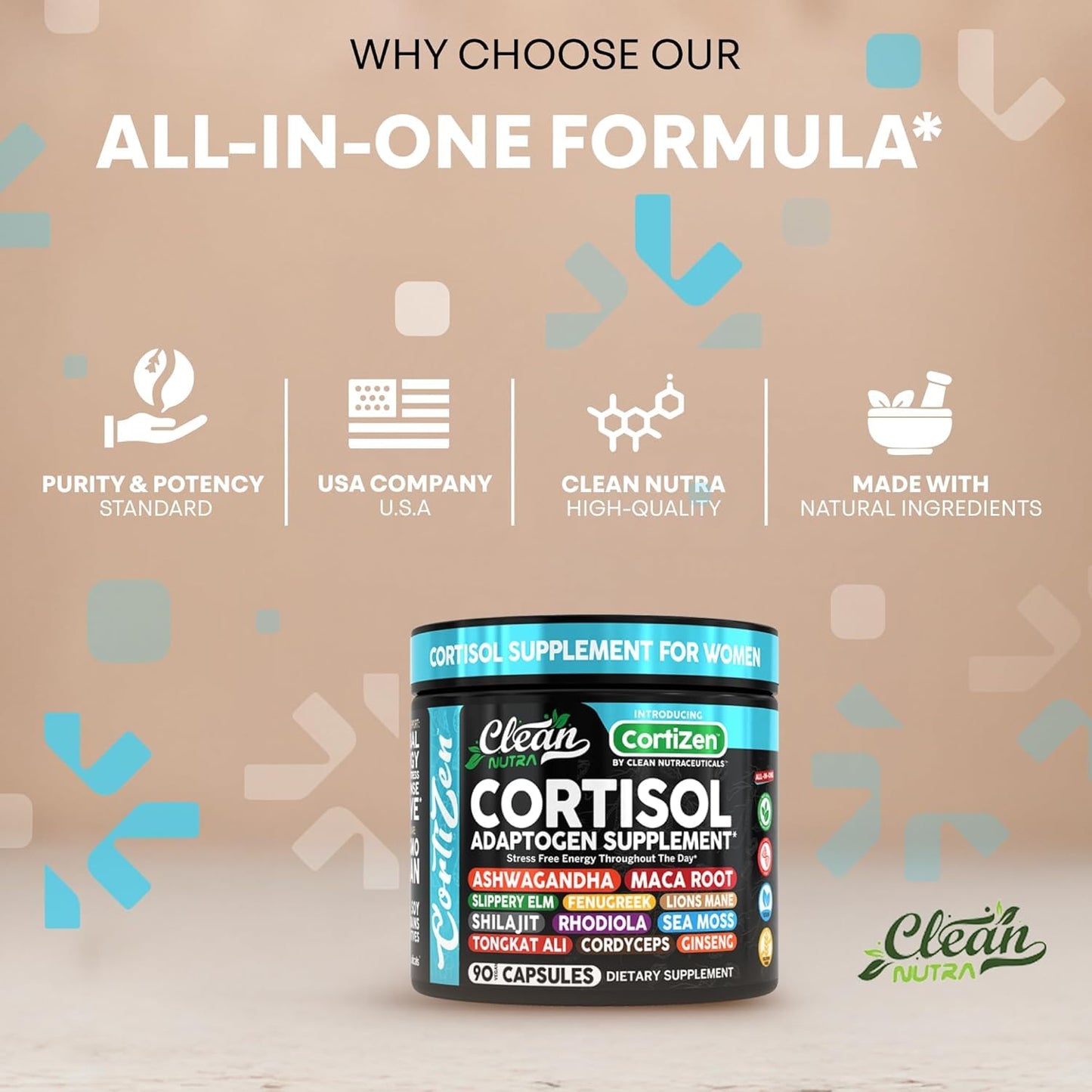 Clean Nutra Cortisol Supplements For Women | Maca Root Ashwagandha Cortisol Detox Manager Reducer + Slippery Elm Fenugreek Lions Mane Shilajit Rhodiola Sea Moss Tongkat Ali Cordyceps Ginseng Beet Root