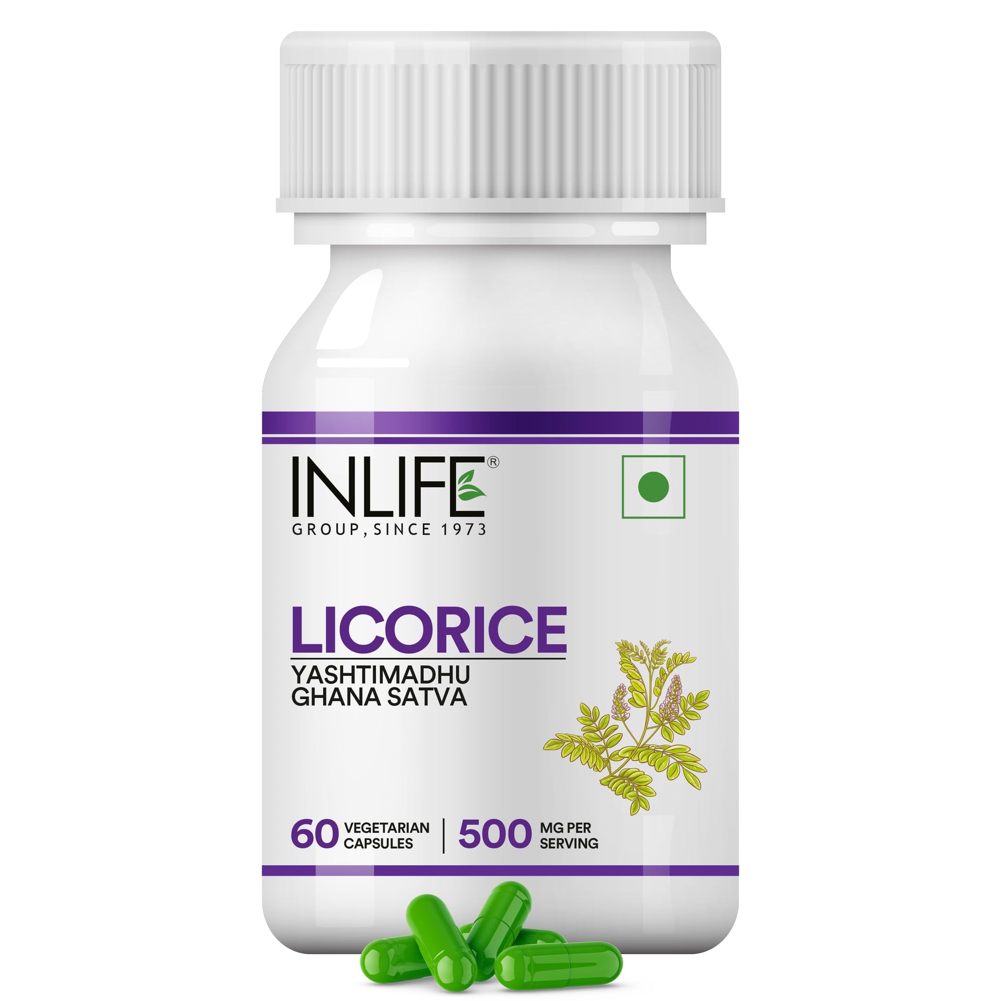 INLIFE Licorice Root Extract (Yasthimadhu), 500 mg, >20% Glycyrrhizinic Acid, 60 Vegetarian Capsules