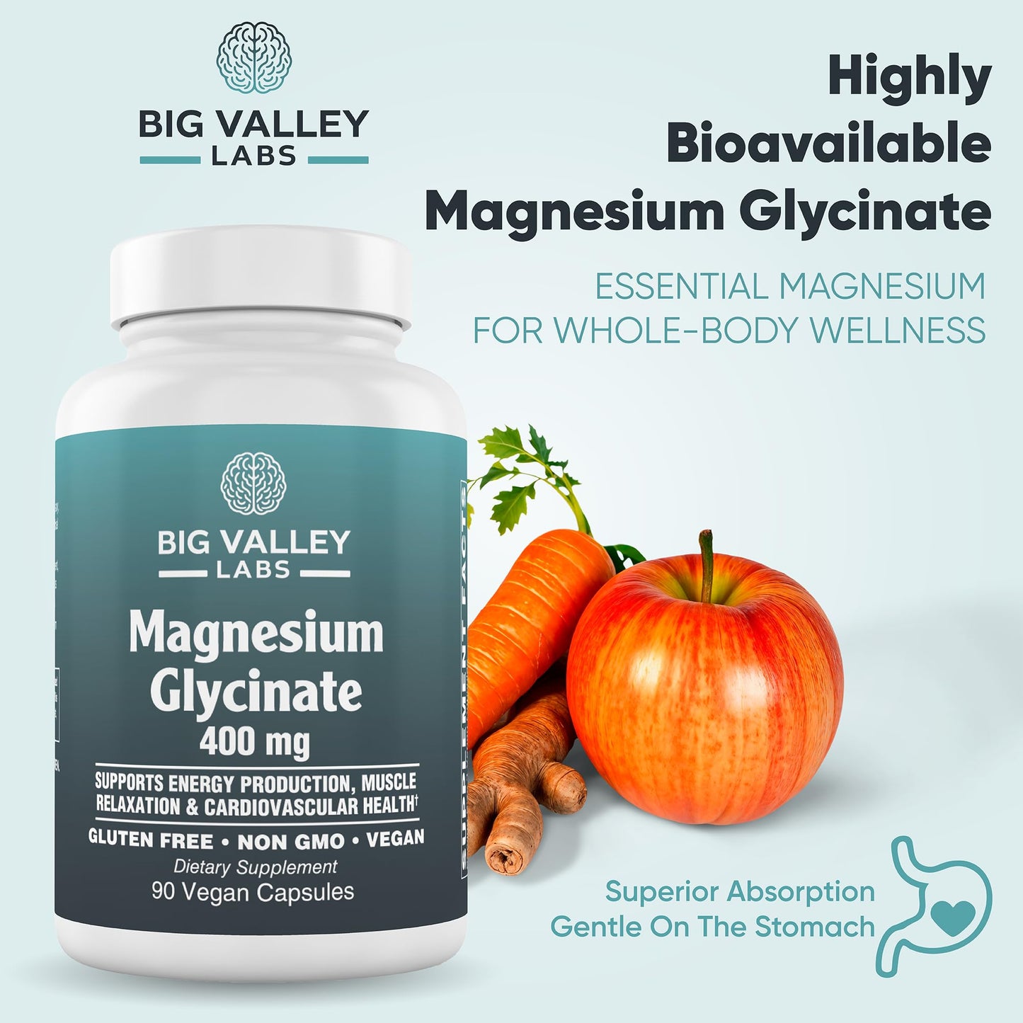 Big Valley Labs Magnesium Glycinate 400mg High-Absorption Chelated Magnesium for Muscle, Nerve & Energy Support, 90 Capsules