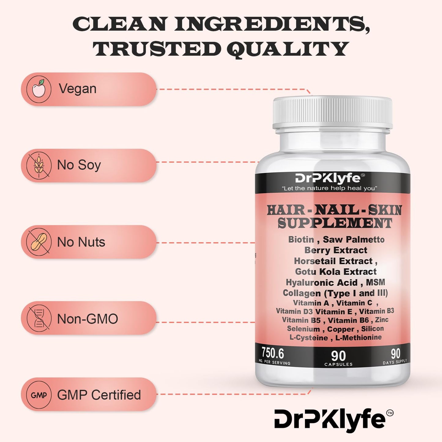 DrPKLyfe Hair, Nail and Skin Supplement Capsules, 90 Capsules