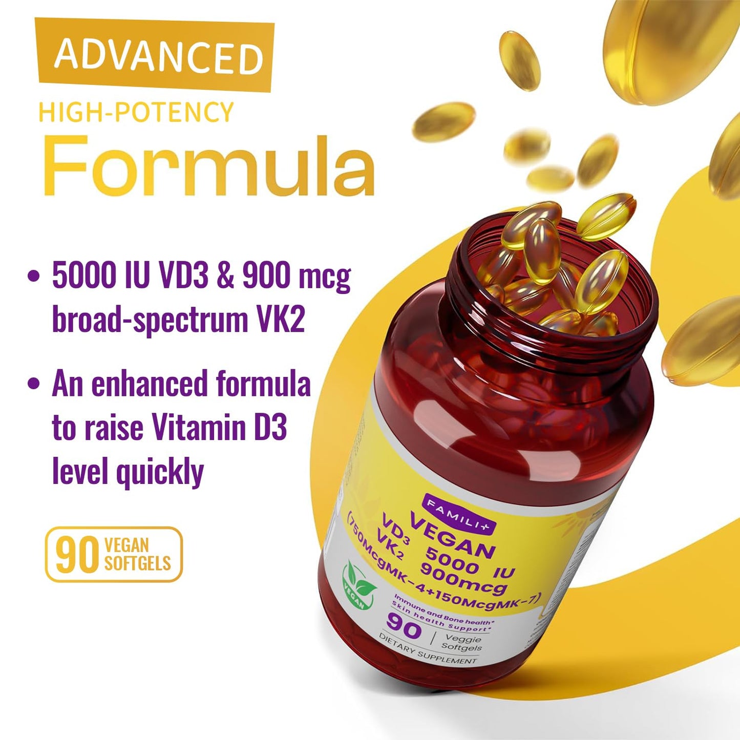 FAMILI+ Vitamin D3 + K2 Capsule, 90 Capsules, Vegan