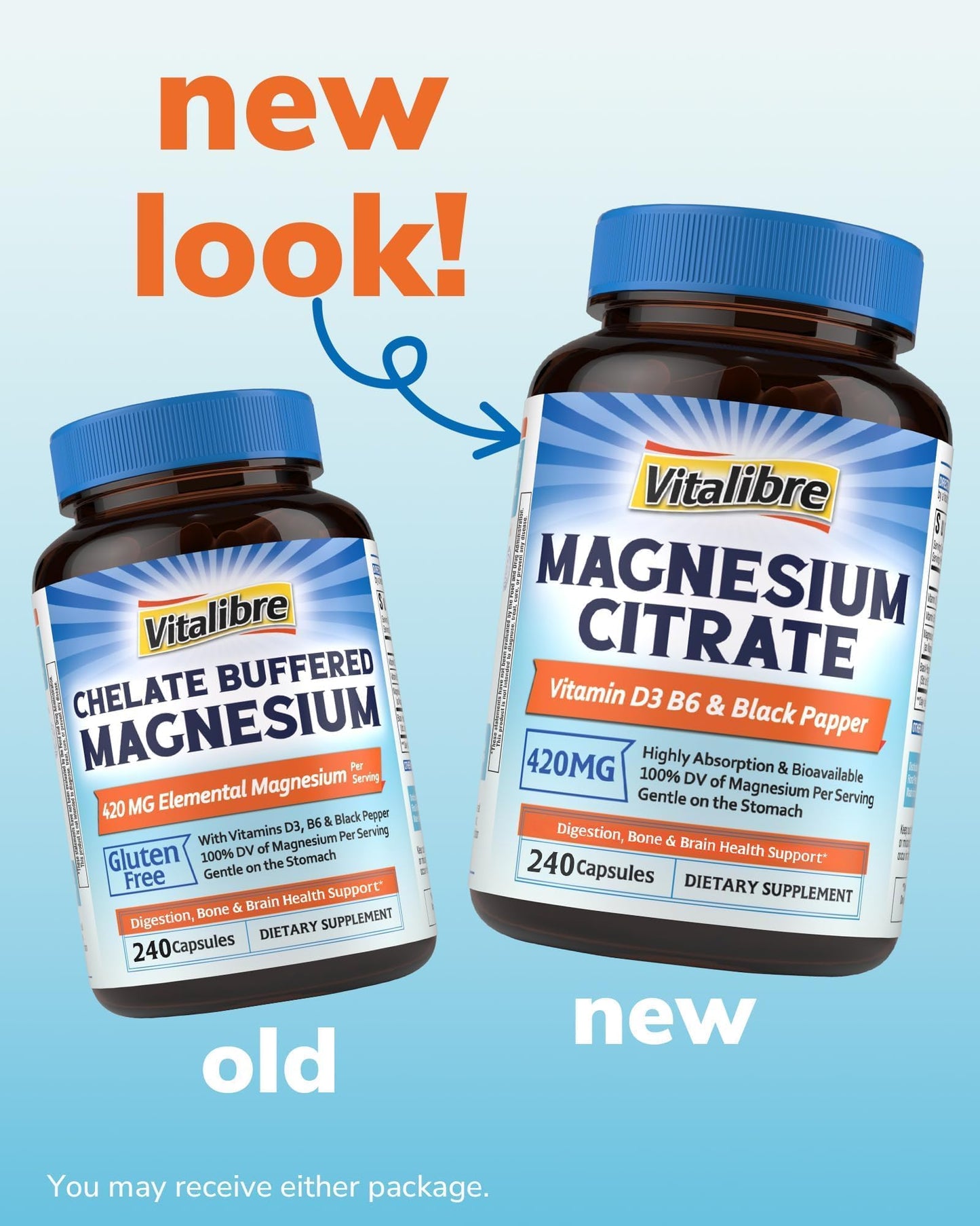 Vitalibre Magnesium Citrate Supplement with Vitamins D3 & B6, 240 Capsules