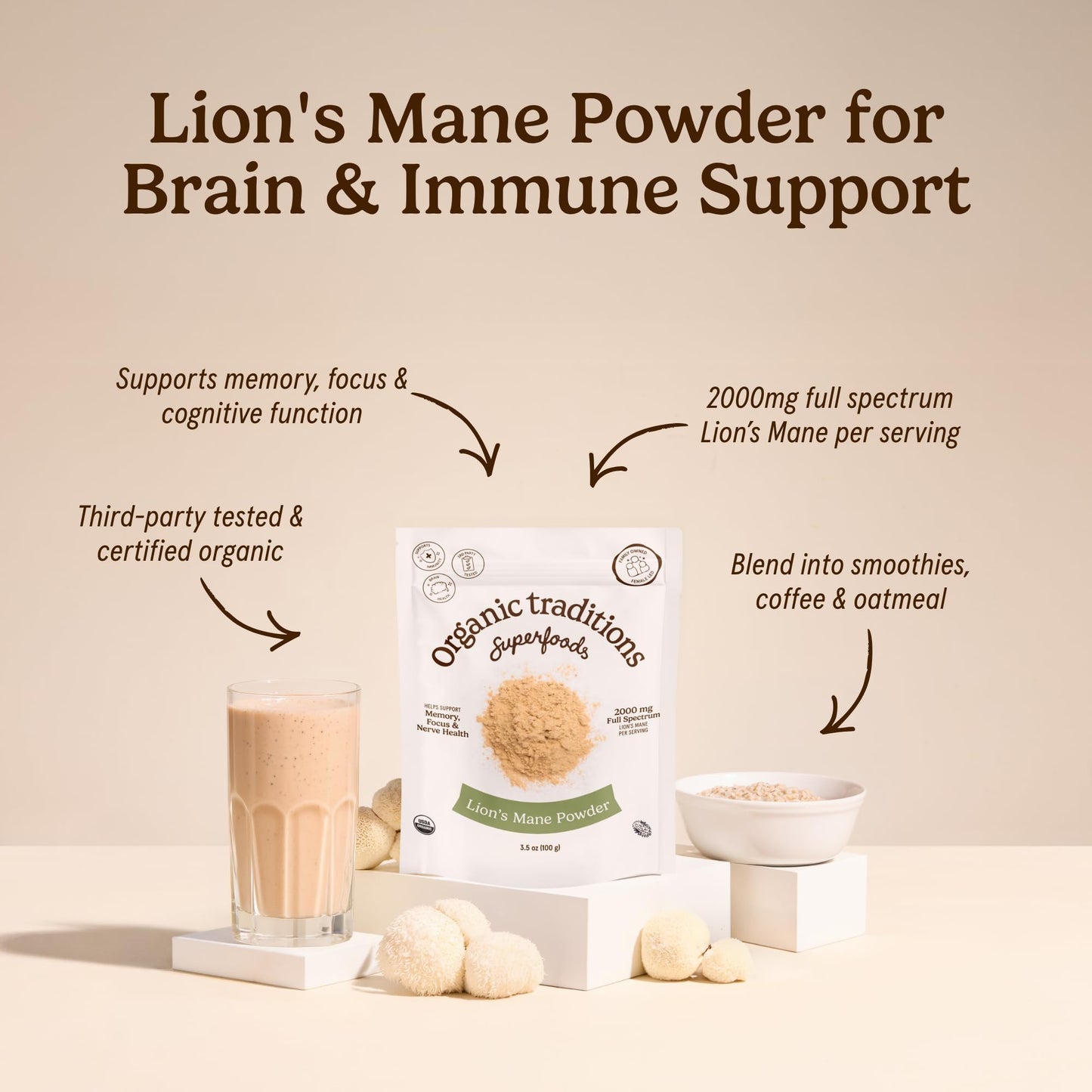 Organic Traditions Lion's Mane Full Spectrum Mushroom Powder 8 oz