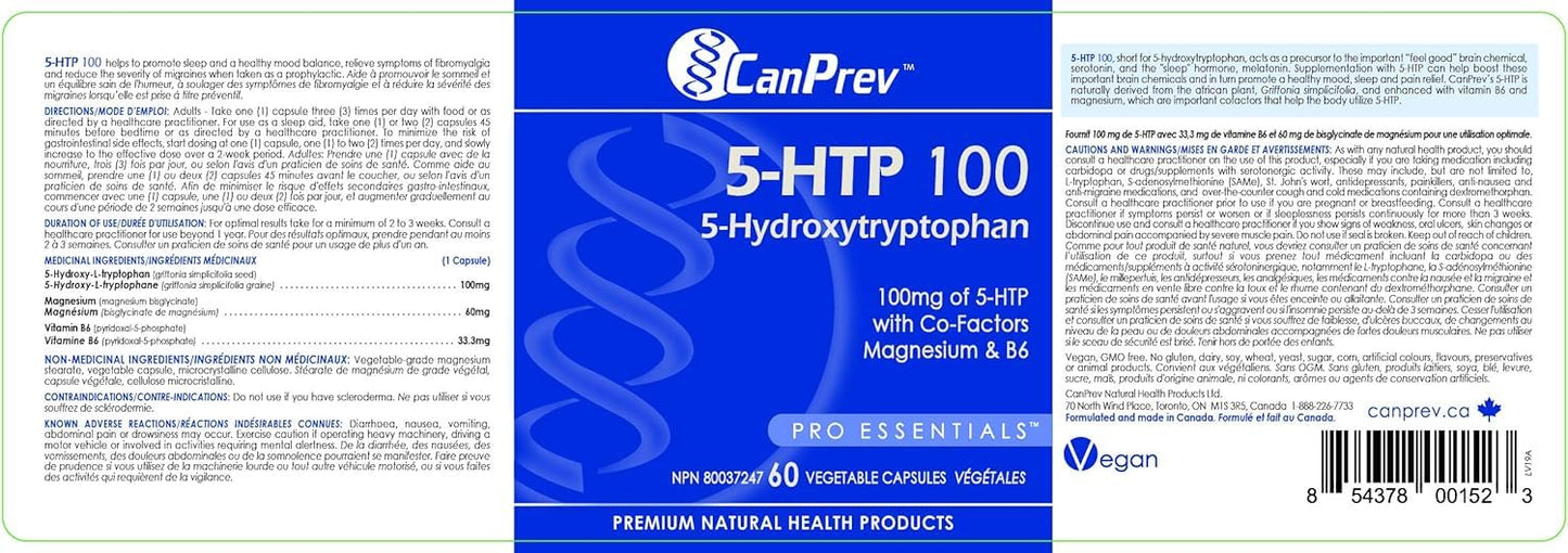 CanPrev 5-HTP 100 with B6 and Magnesium Vegi Capsules, 60 Count