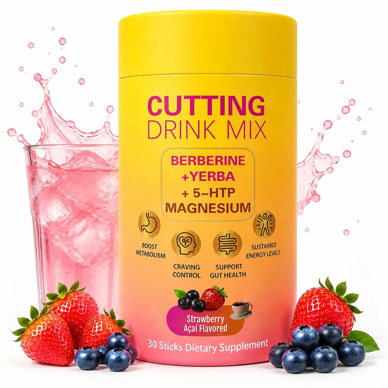 QYGCHUSIN Cutting Drinking Mix Gut Health & Energy with Magnesium, Berberine, 5-HTP, Yerba Mate & FOS Strawberry Acai Flavor Powder 6.35 Ounce