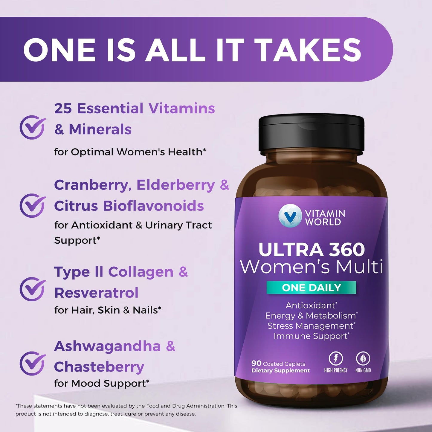 Vitamin World Ultra 360 Multivitamin for Women One Daily, Stress Support Caplets 90