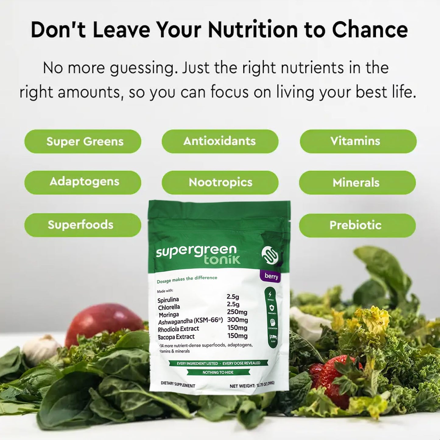SUPERGREEN TONIK 100% Natural Greens Superfood Powder – Daily Supplement with 40 Superfoods, Vitamins and Minerals – Supports Energy, Stress and Immunity – 13.3 Ounce