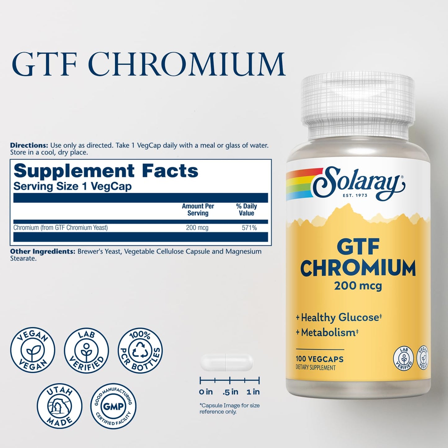 Solaray GTF Chromium 200mcg Capsules, 100 Count