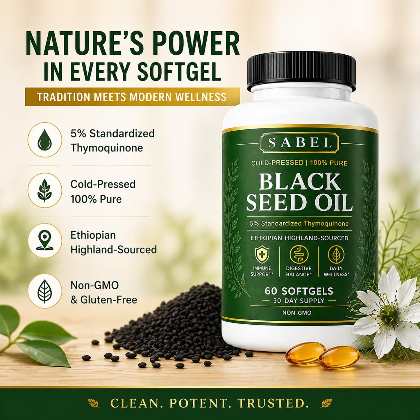 QUZOYU Ethiopian Black Seed Oil Capsules, 60 Count, Non-GMO, Gluten-Free