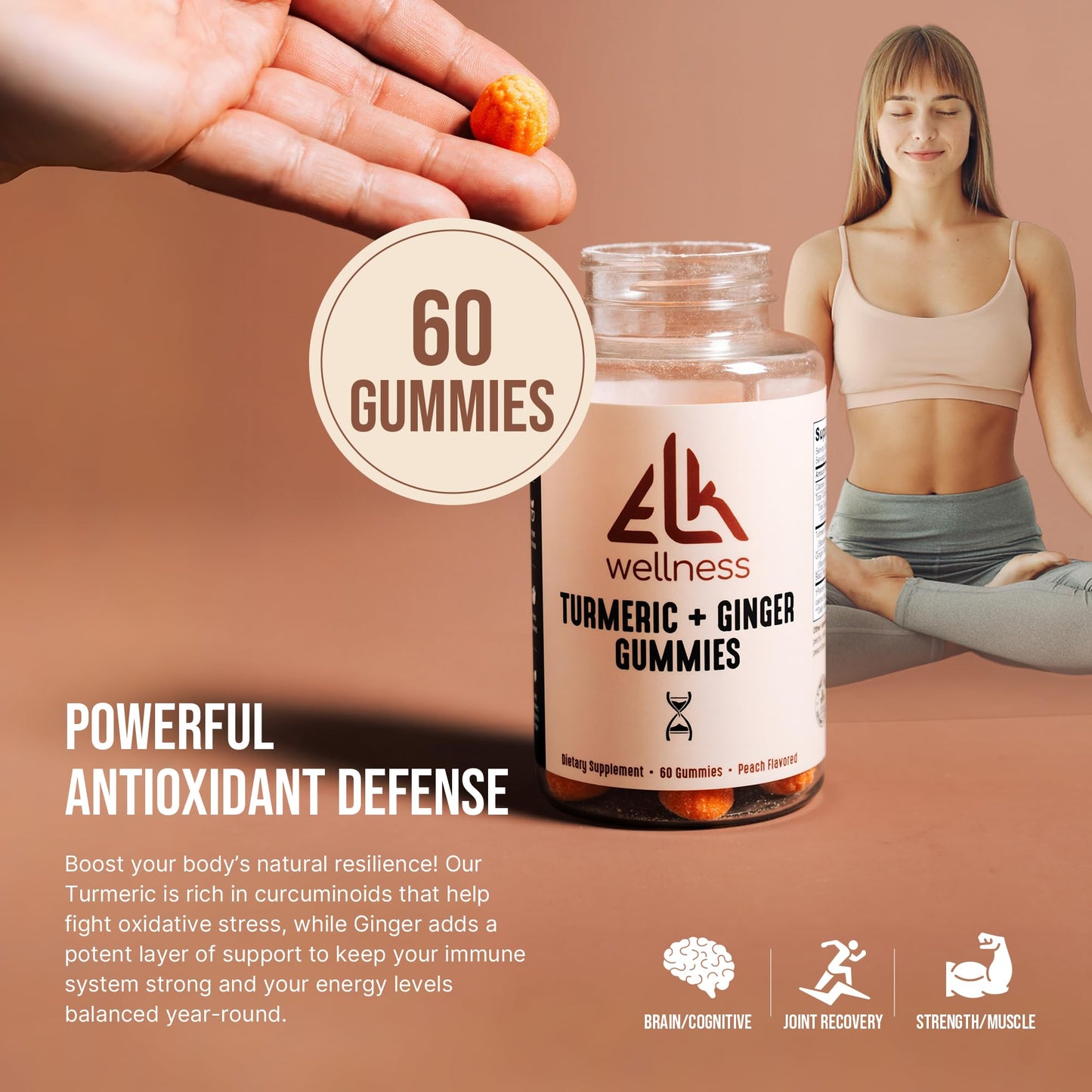 ELK Wellness Turmeric + Ginger Gummies with Black Pepper Gummies, 60 Count
