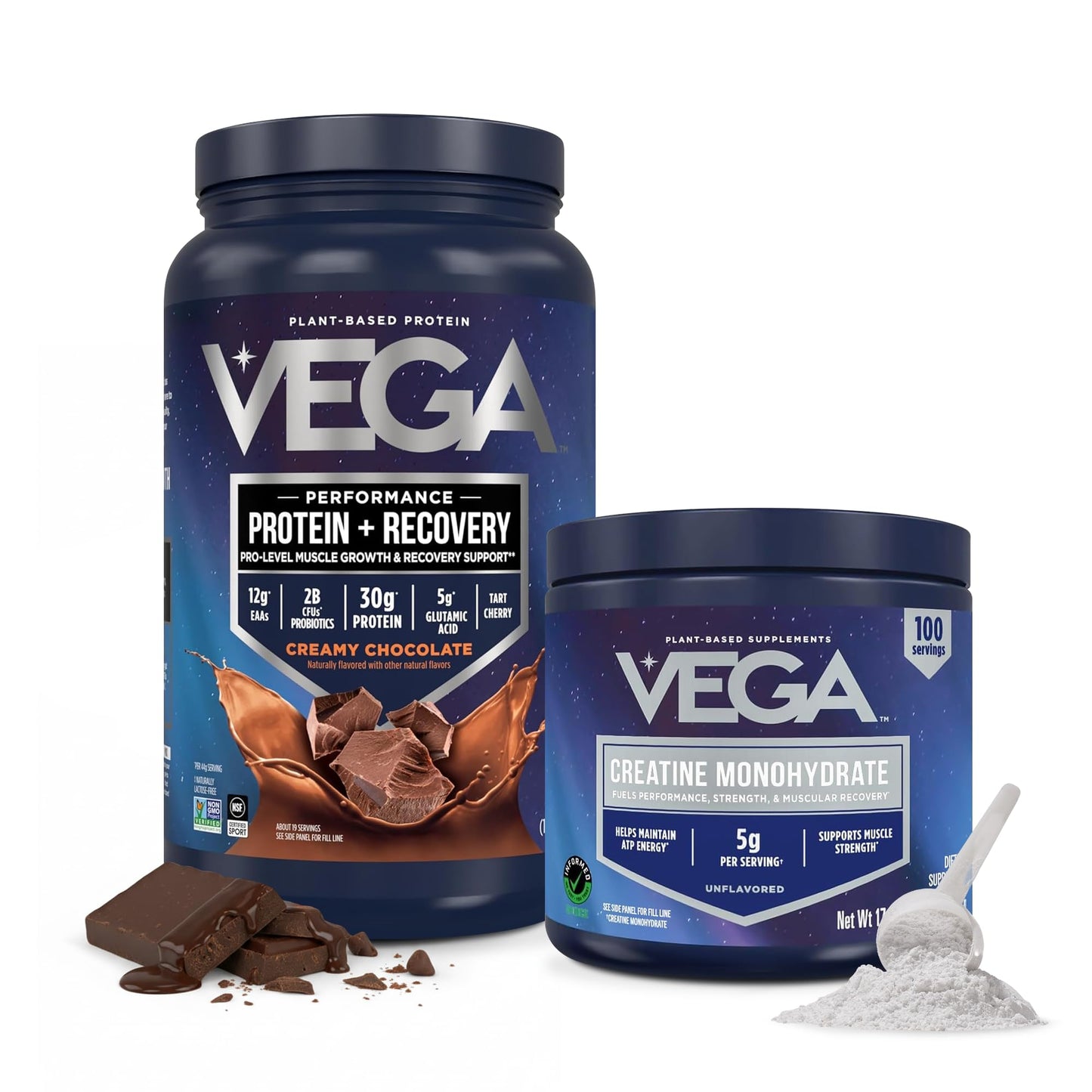 Vega Protein + Recovery Chocolate & Creatine Monohydrate Powder Bundle, Protein Powder 1.8 lb (19 Servings) + Creatine Monohydrate Powder 17.6 oz (100 Servings)