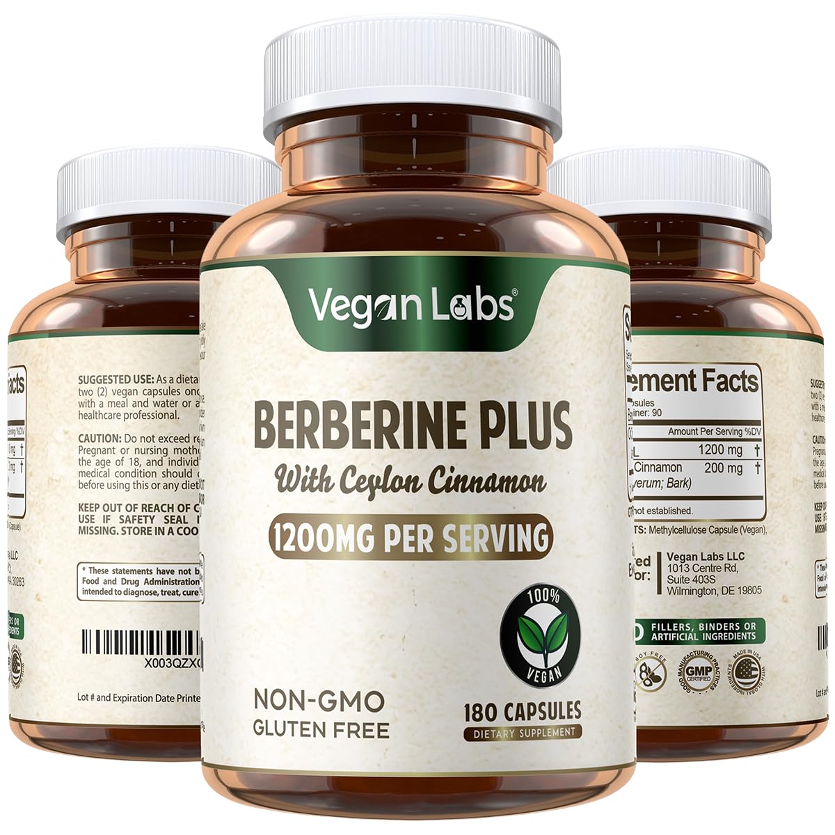 Vegan Labs Berberine HCL 1200MG with Organic Ceylon Cinnamon, 180 Capsules