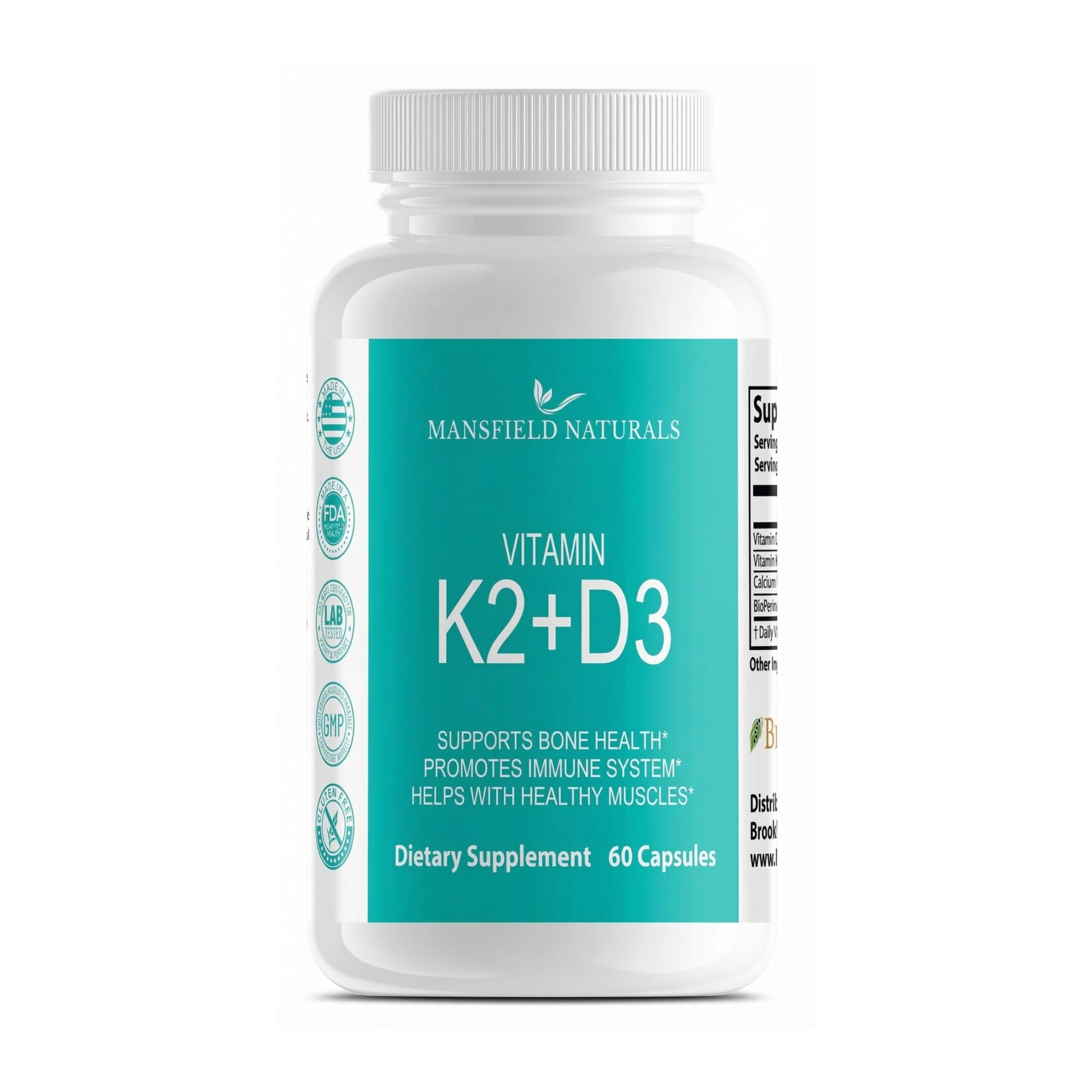 Mansfield Naturals Vitamin K2+ D3 with Calcium and BioPerine, 60 Capsules