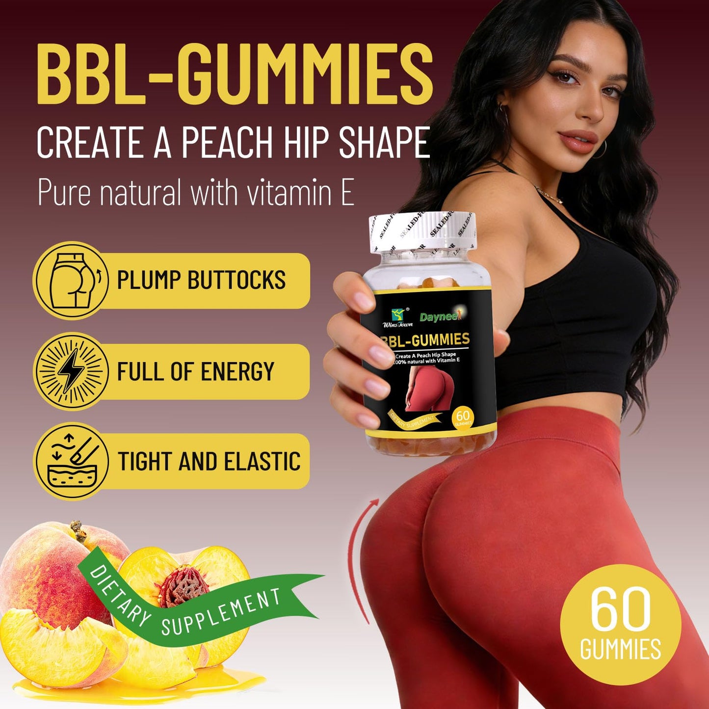 Wins Town BBL Gummies for Women, Peach Flavor, Vegan, 60 Count