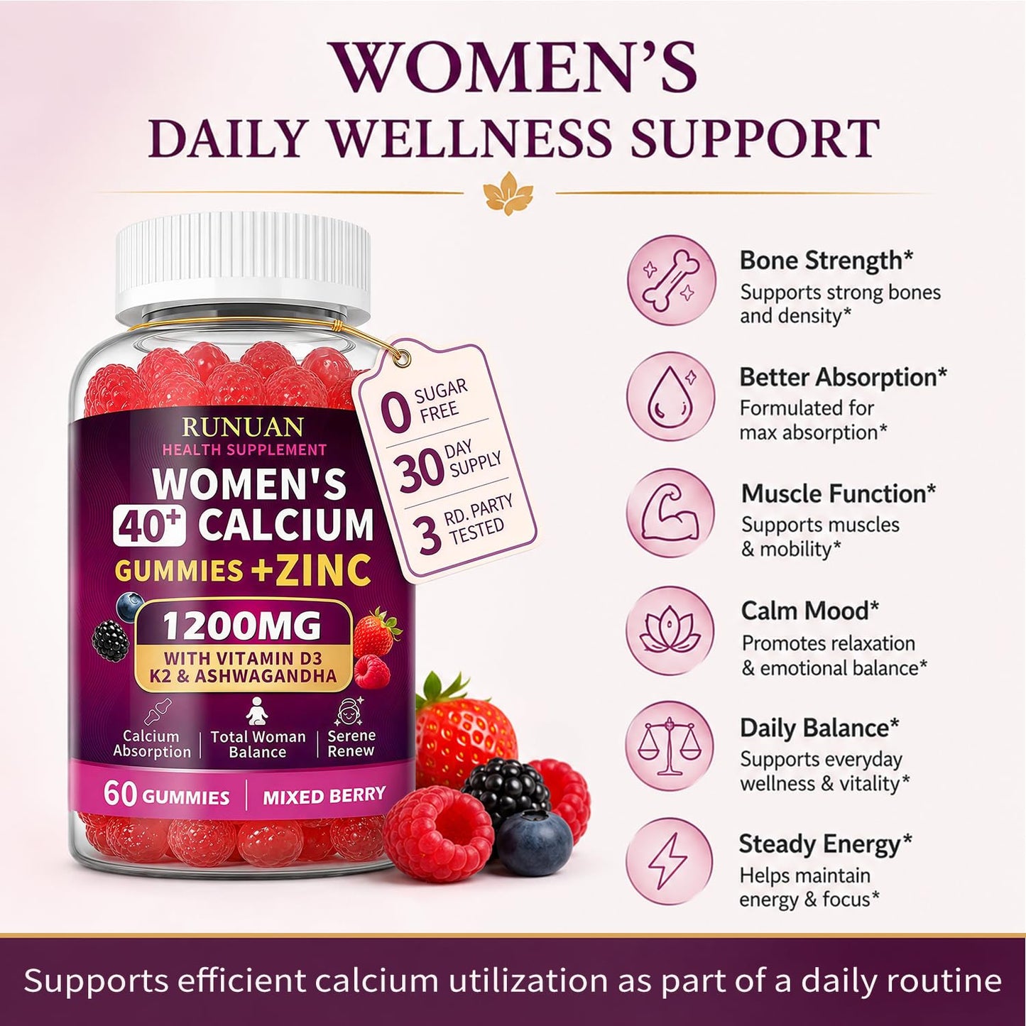 RUNUAN 40+ Women's Calcium Citrate Gummies 1200mg with Magnesium Zinc D3 K2 B12 B6, 120 Gummies