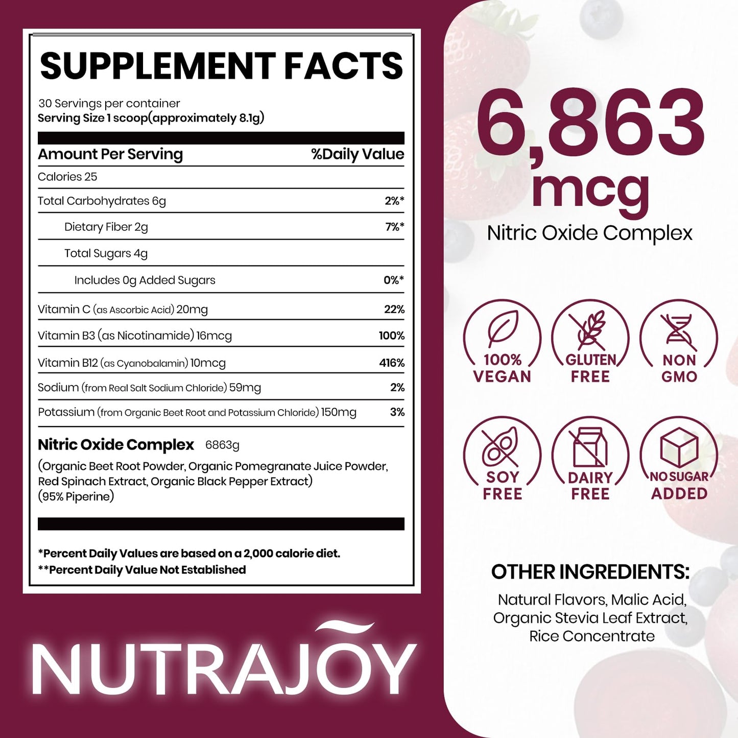 NUTRAJOY Organic Beet Root Powder Nitric Oxide Superfood Supplement for Energy Support, Nitric Oxide Booster, Vegan, Mixed Berry Flavor Powder, 8.8 oz