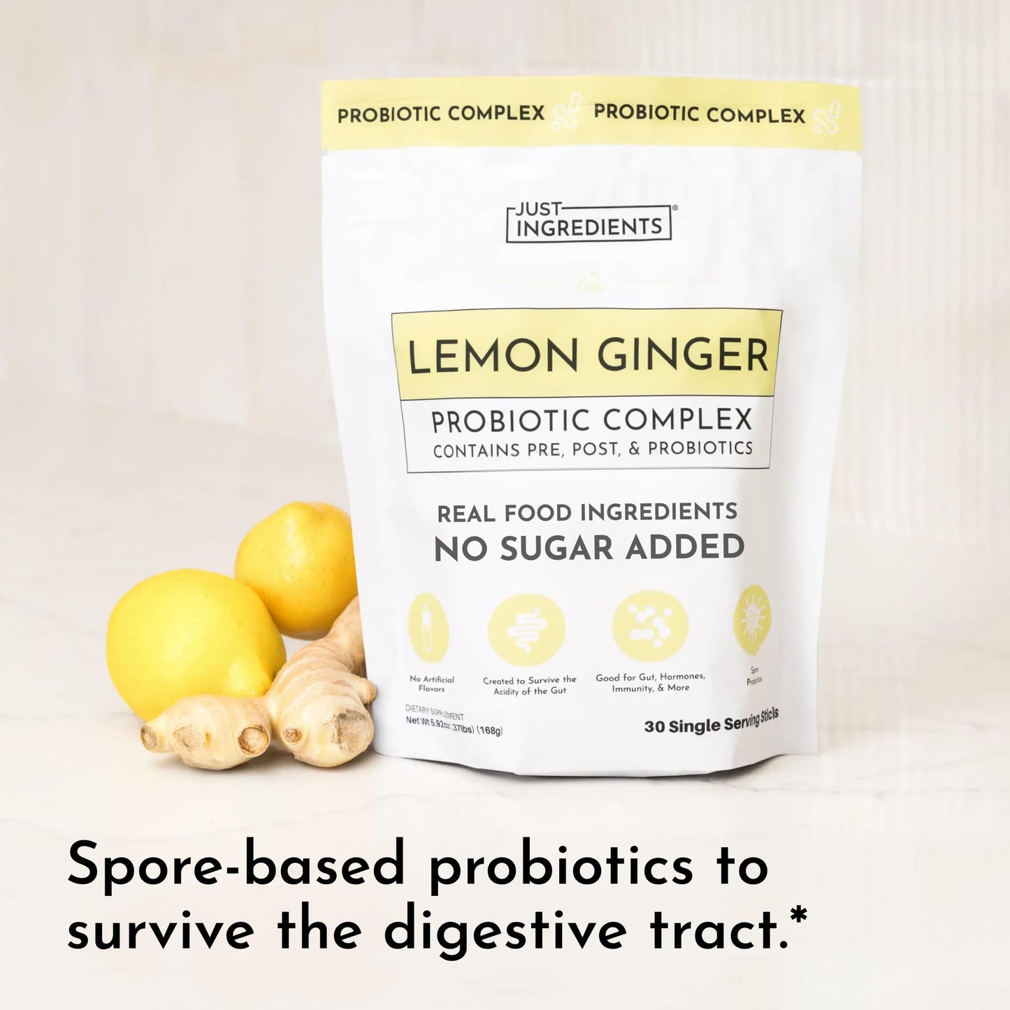 JUST INGREDIENTS Lemon Ginger Probiotic Complex Powder 5.4 Ounce