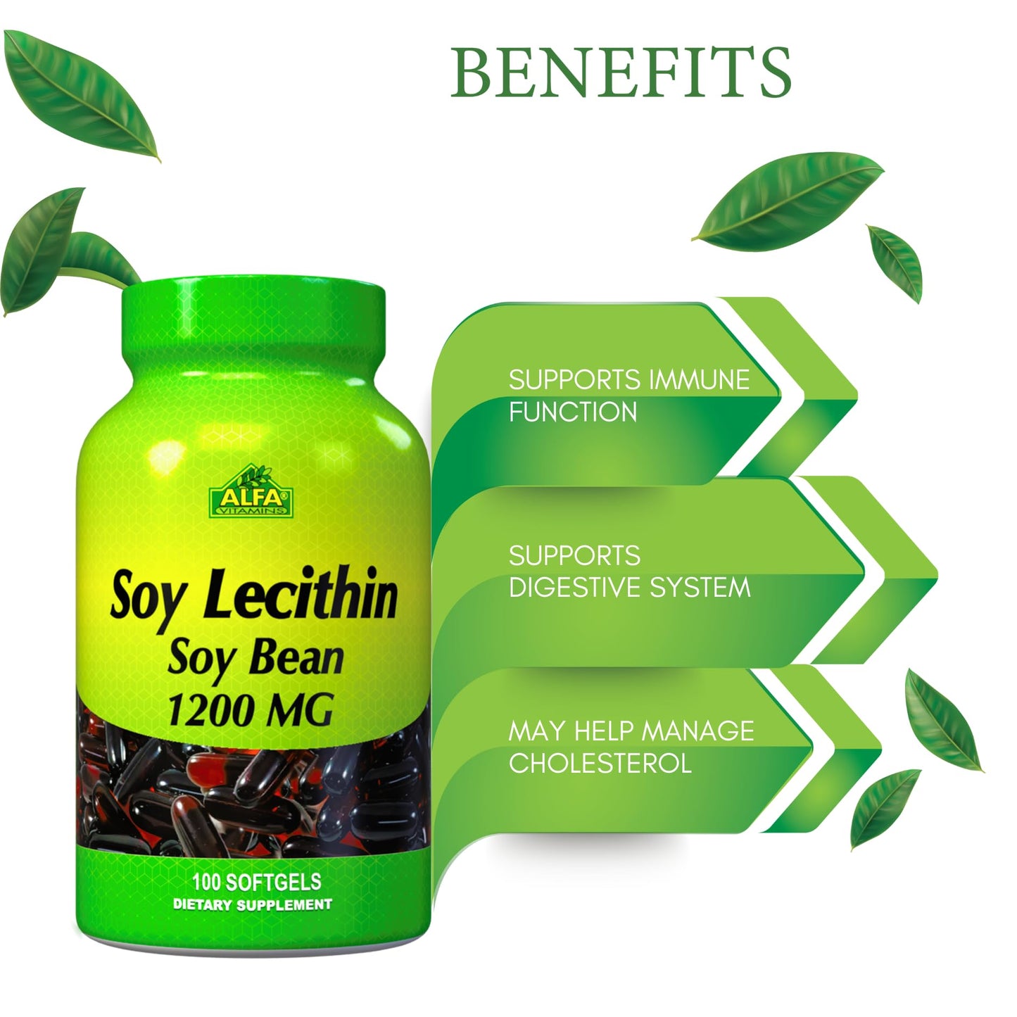 ALFA VITAMINS Soy Lecithin 1200 mg Softgels, 100 Softgels