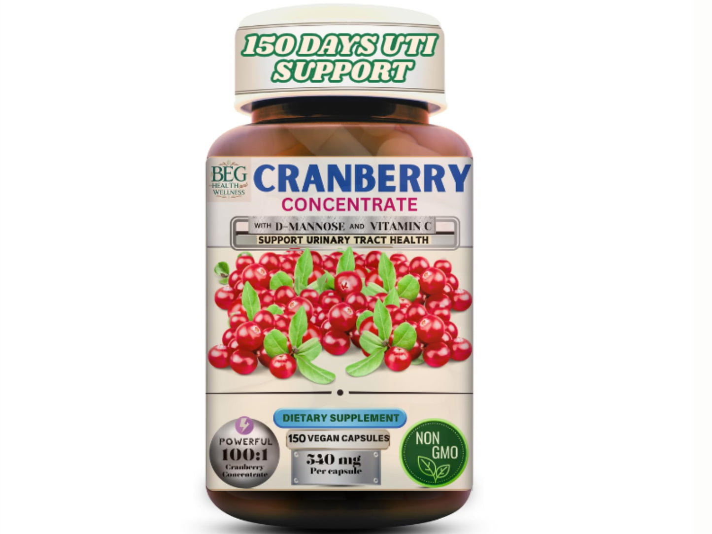 Generic Cranberry Supplement with D-Mannose & Vitamin C – Urinary Tract & Bladder Support, Vegan, Non-GMO, 150 Capsules