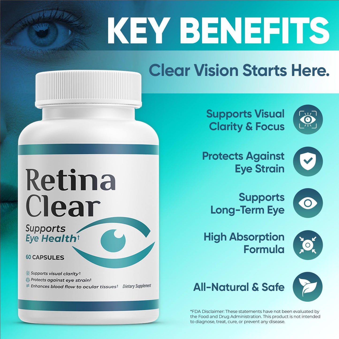 Retina Clear Vision Support Supplement with Lutein, Zeaxanthin, Quercetin, Vitamin A, Zinc & Bilberry, 180 Capsules