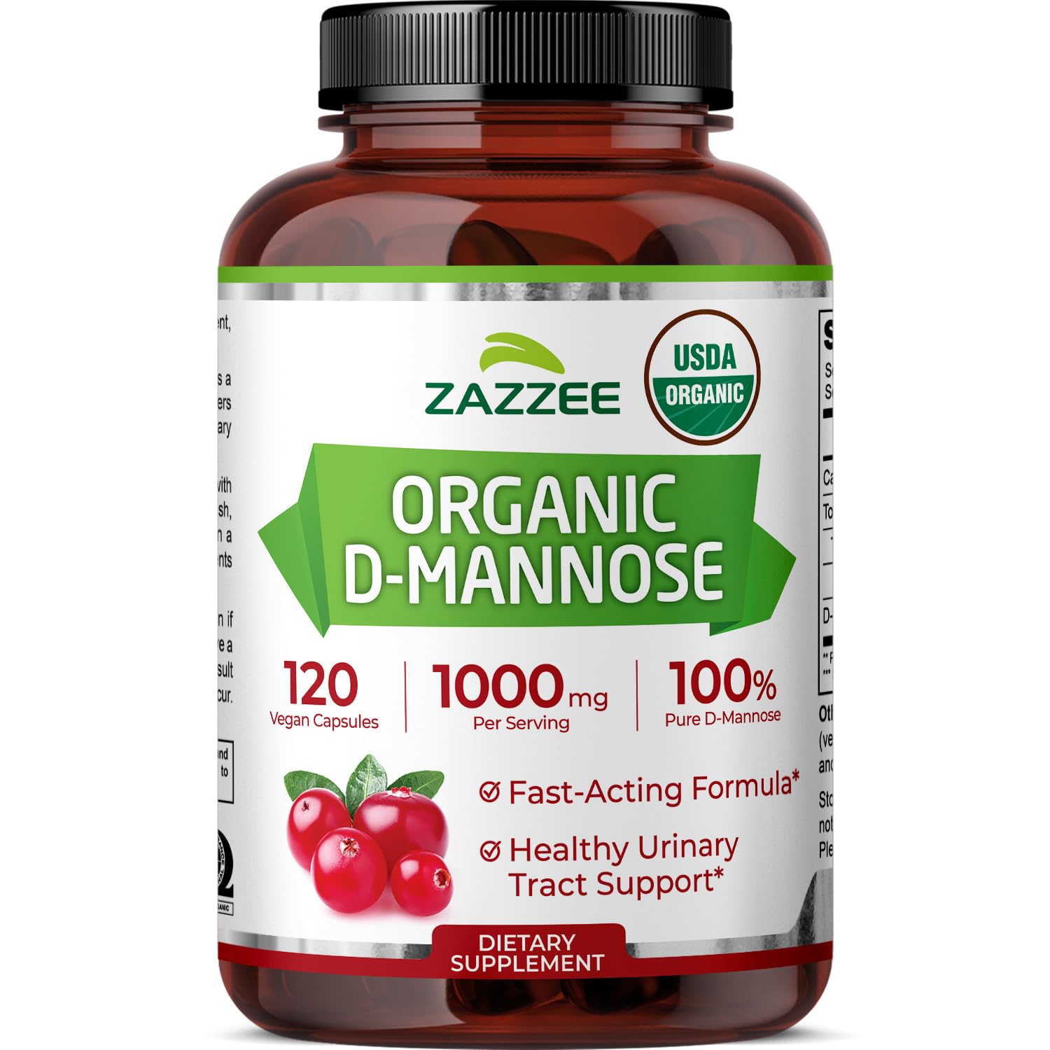 Zazzee USDA Organic D-Mannose 1000 mg Capsules, 120 Count