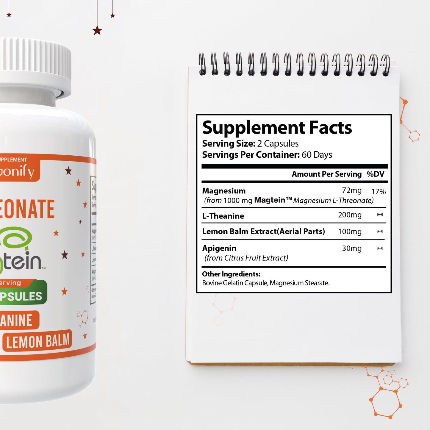 HARMONIFY Magtein Magnesium L-Threonate Supplement with L-Theanine, Lemon Balm and Apigenin, Capsule, 120 Count