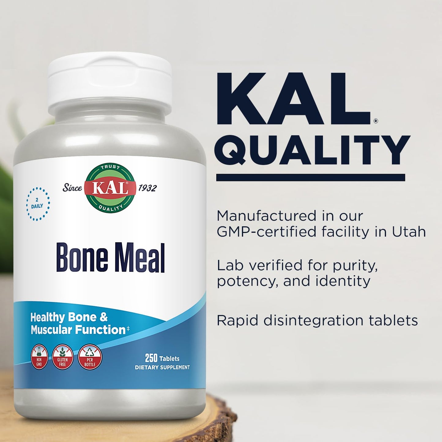 KAL Bone Meal Tablets Calcium Supplement with Magnesium, Vitamin D3 and K, Bone Health, Muscle and Nerve Function Support, Rapid Disintegration, Gluten Free, Non-GMO, 250 Tablets