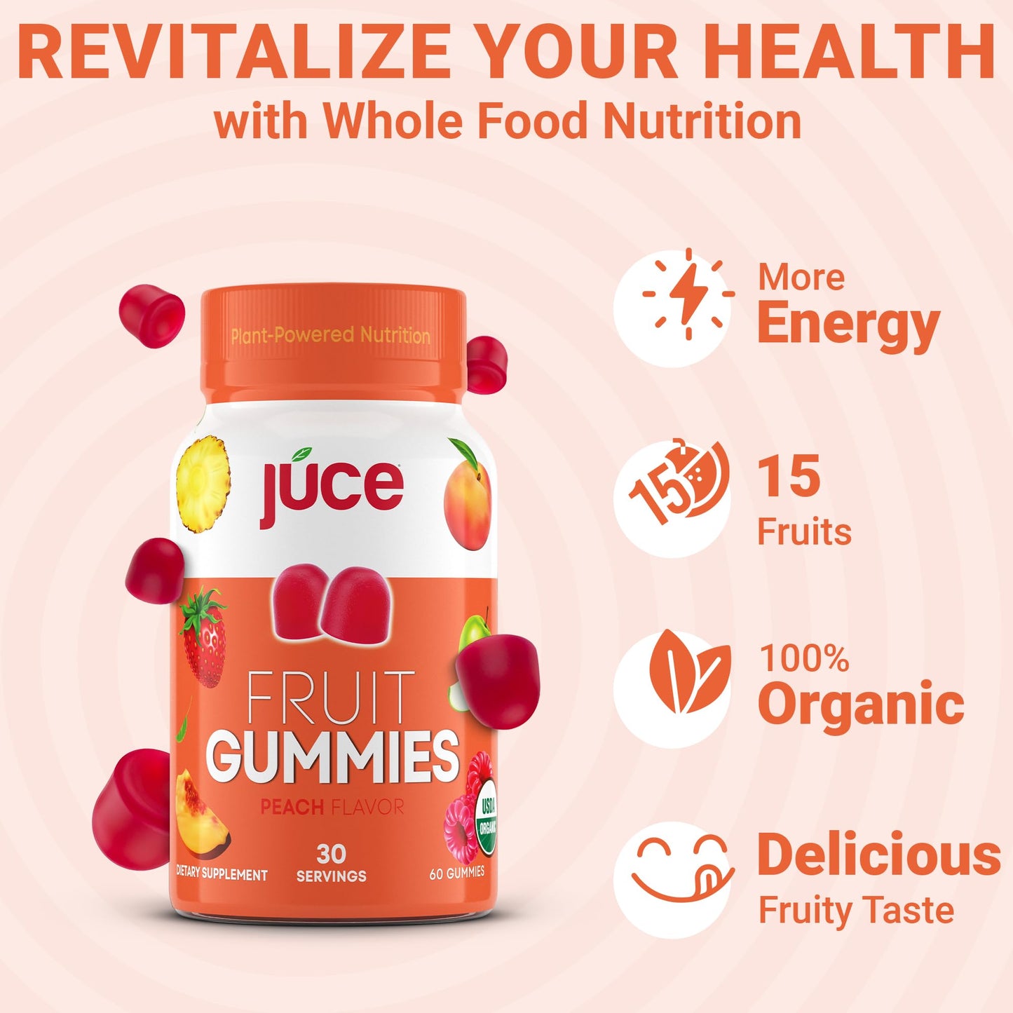 Terra Kai Organics Juce Fruit Gummies with Peach Flavor Gummies 60 Count