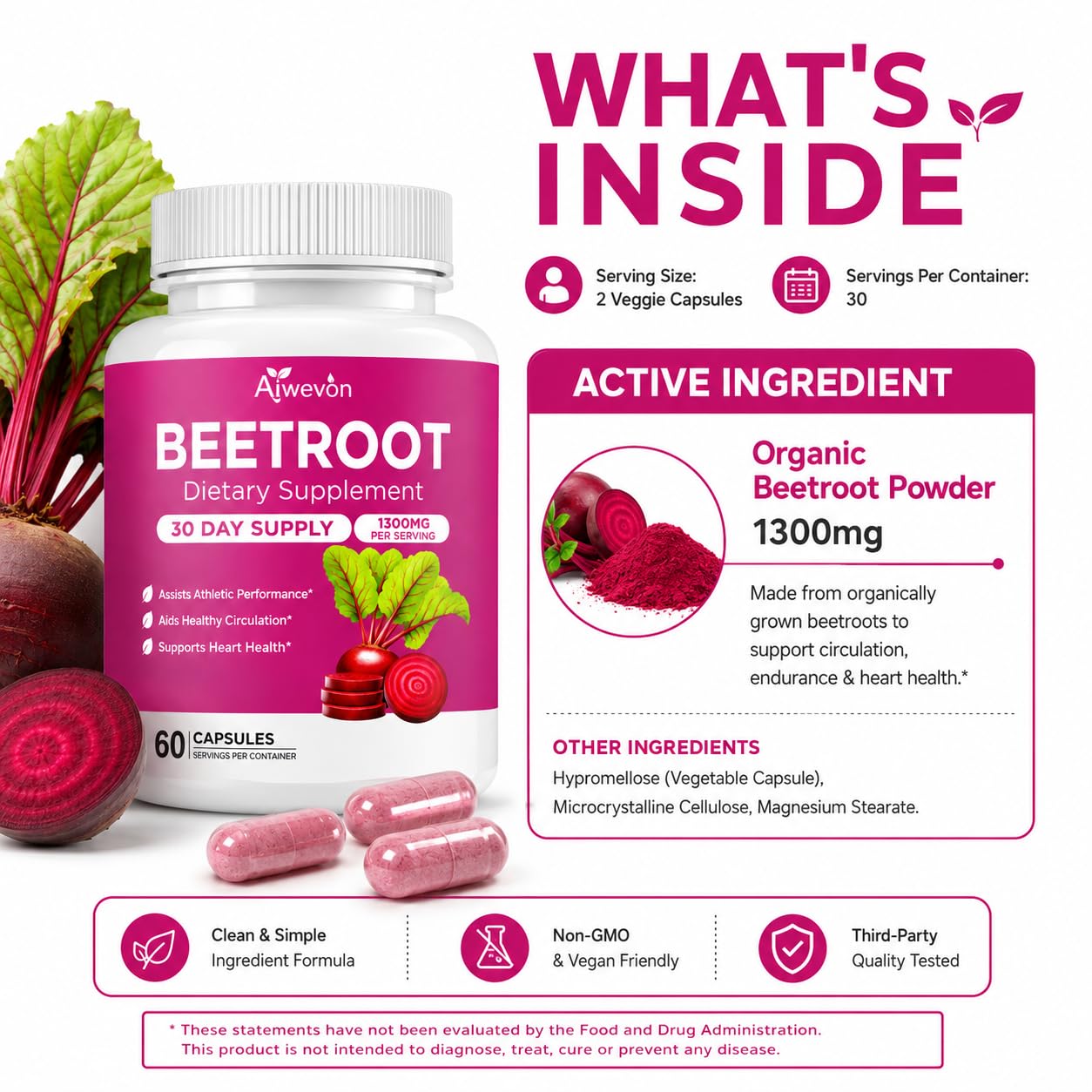 Aiwevon Organic Beet Root Capsules 1300mg per Serving – Non-GMO Beetroot Supplement for Circulation, Heart Health & Energy Support – Easy-to-Swallow Veggie Capsules, 60 Count