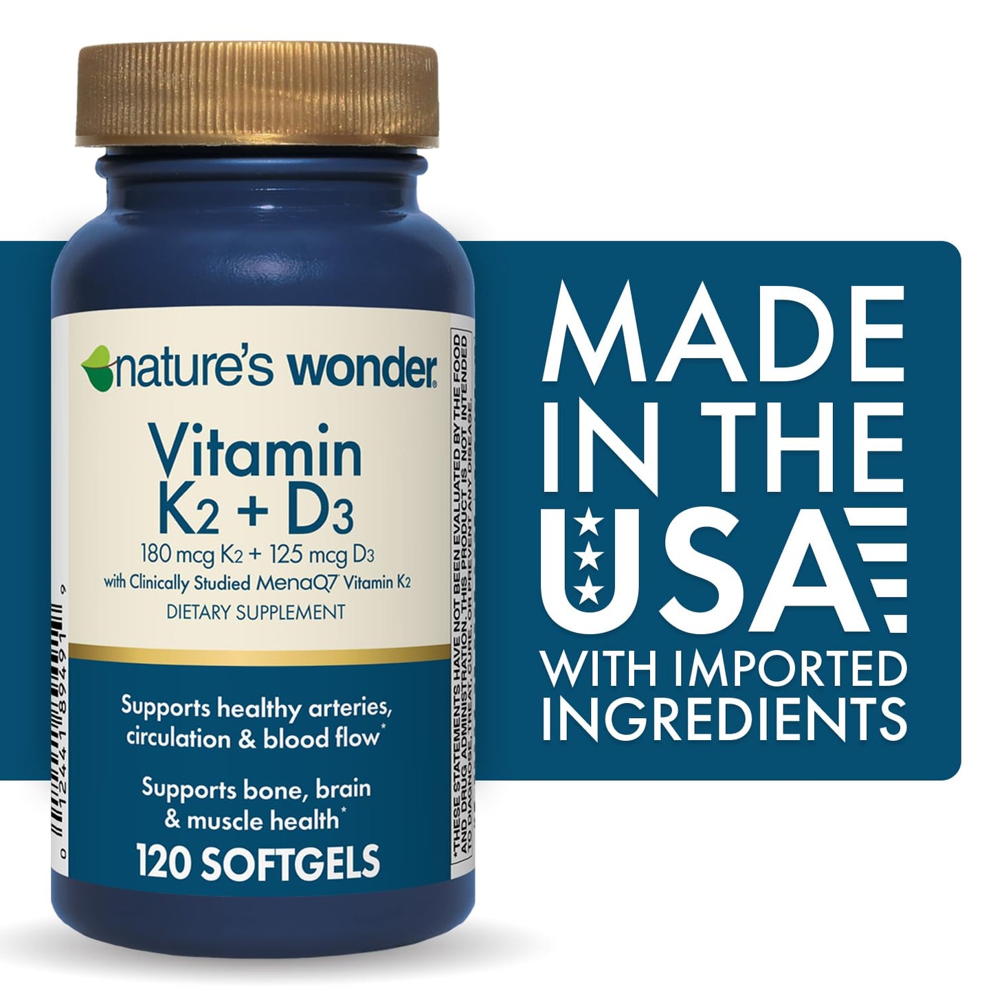 Nature's Wonder Vitamin K2 180mcg + D3 5000 IU with MenaQ7 Softgels, 120 Softgels
