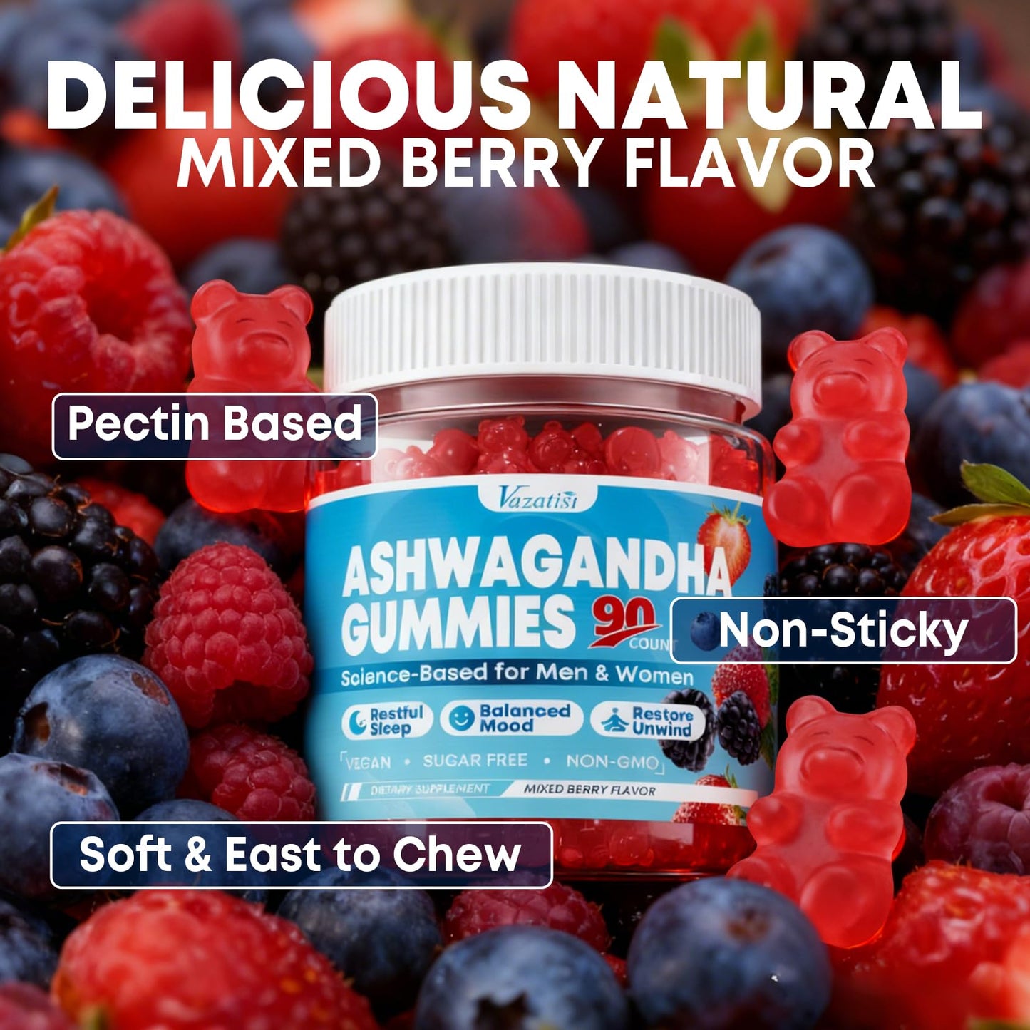 Vazatisi Ashwagandha Gummies with L-Theanine, GABA, Magnesium & Vitamin D3 Gummy 90 Count