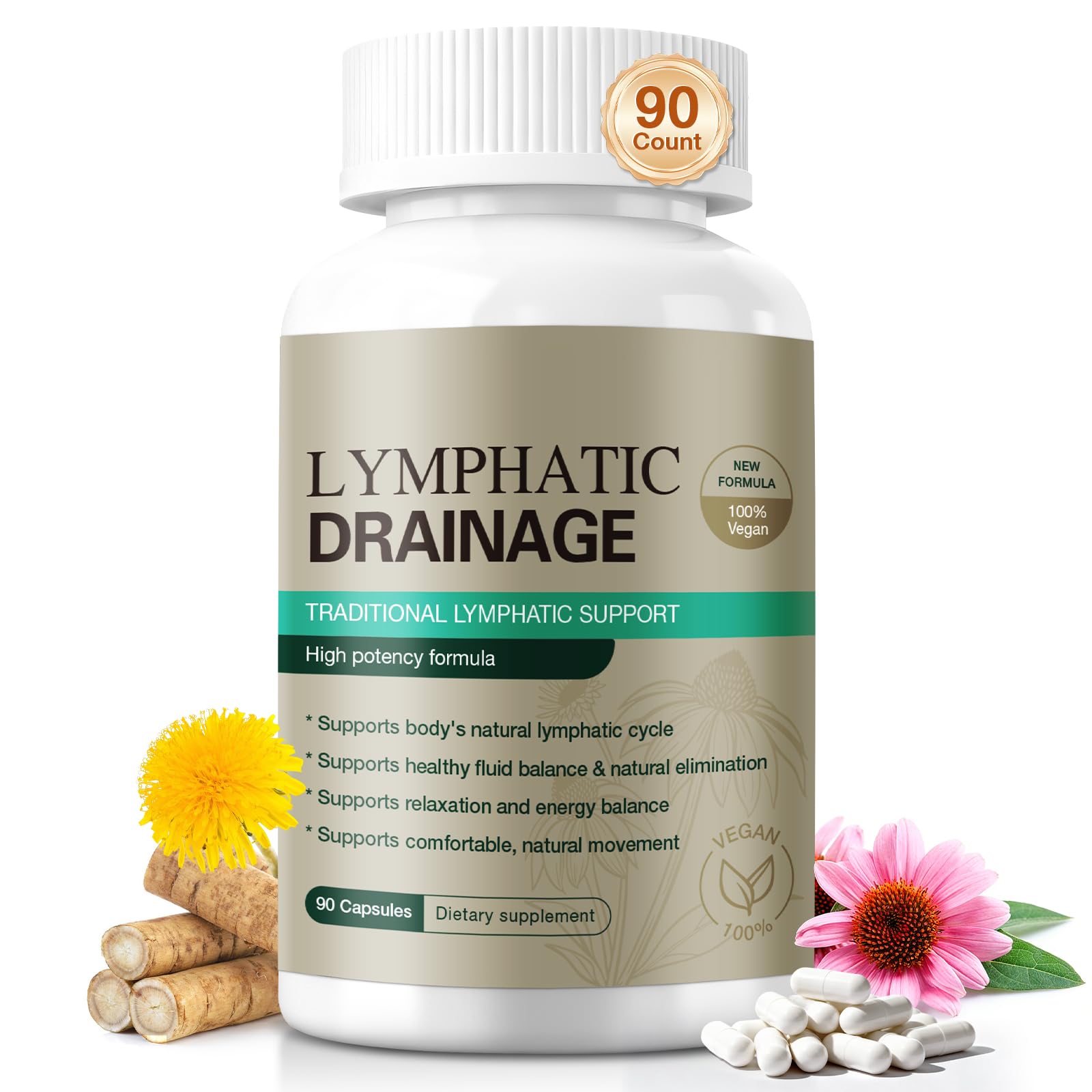 GRNSECVE Lymphatic Drainage Capsules with Dandelion, Cleavers & Echinacea 90 Count