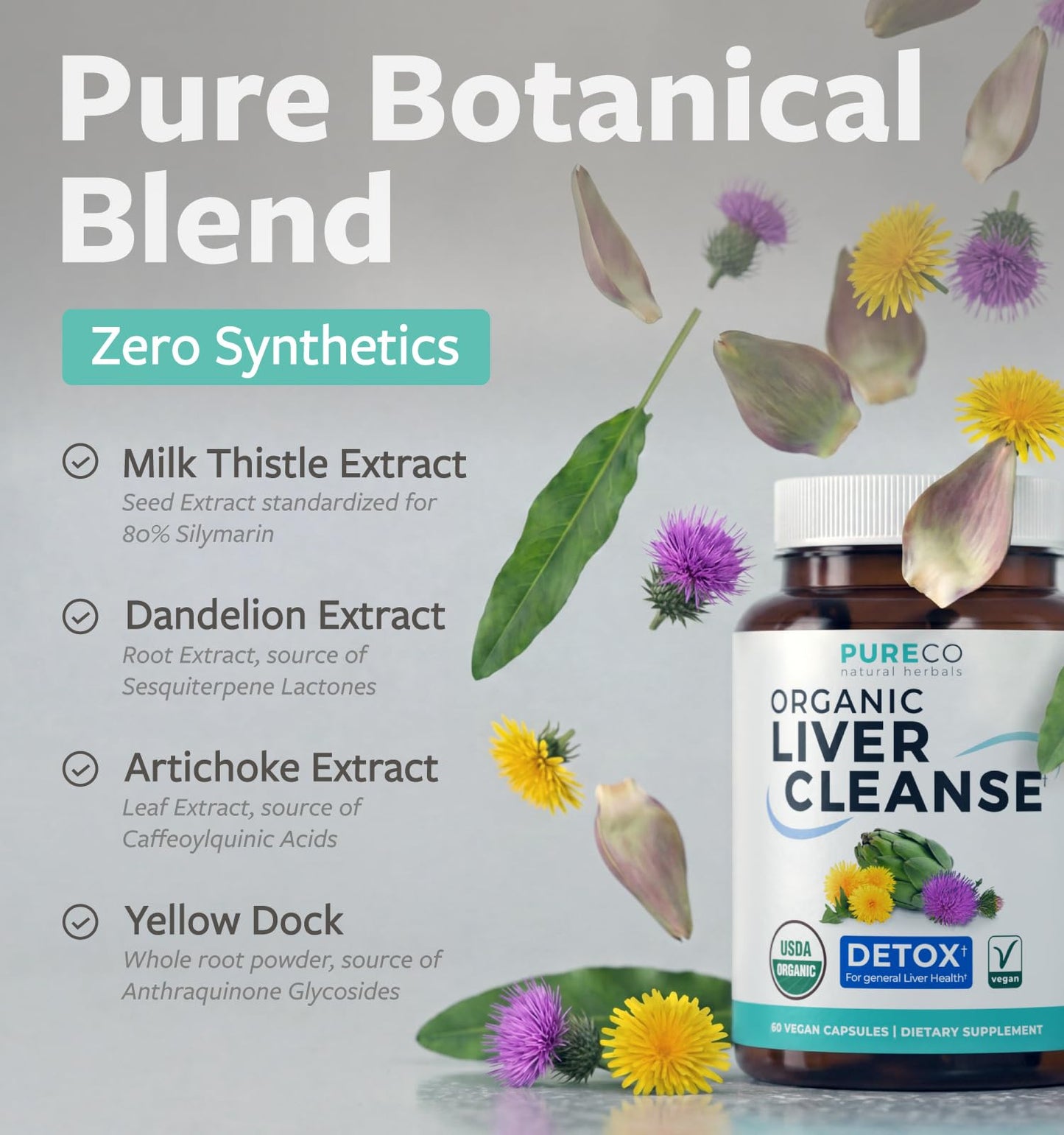 PURE CO Milk Thistle and Dandelion Root Silymarin Liver Detox Formula with Artichoke Extract Capsules, 60 Count
