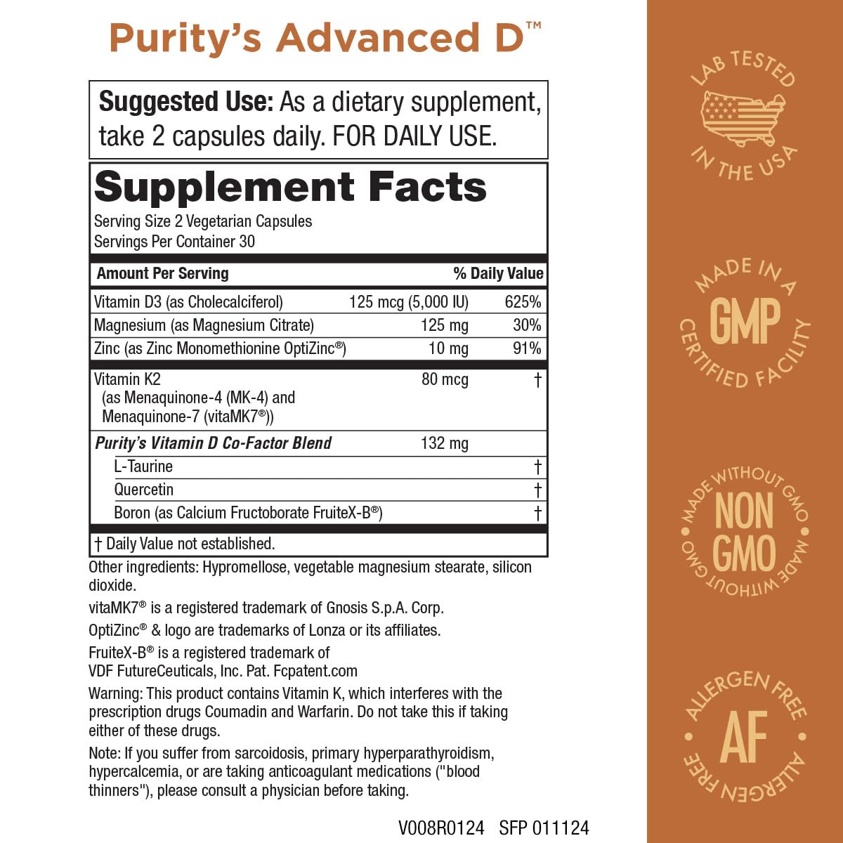 Purity Products Vitamin D3 and K2 Capsules, 60 Count