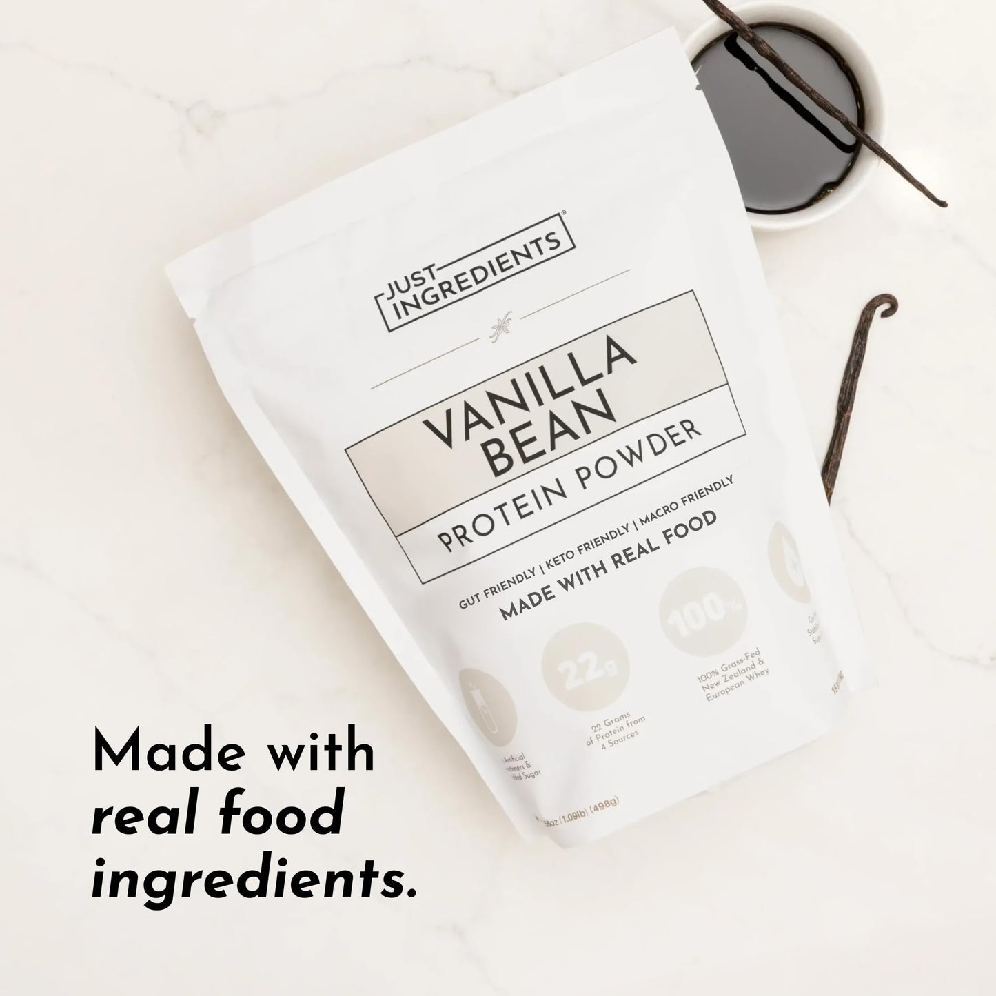 JUST INGREDIENTS Vanilla Protein Powder Grass-Fed Whey Blend, Organic, Gluten Free, Dairy Free, Soy Free, 15 Servings